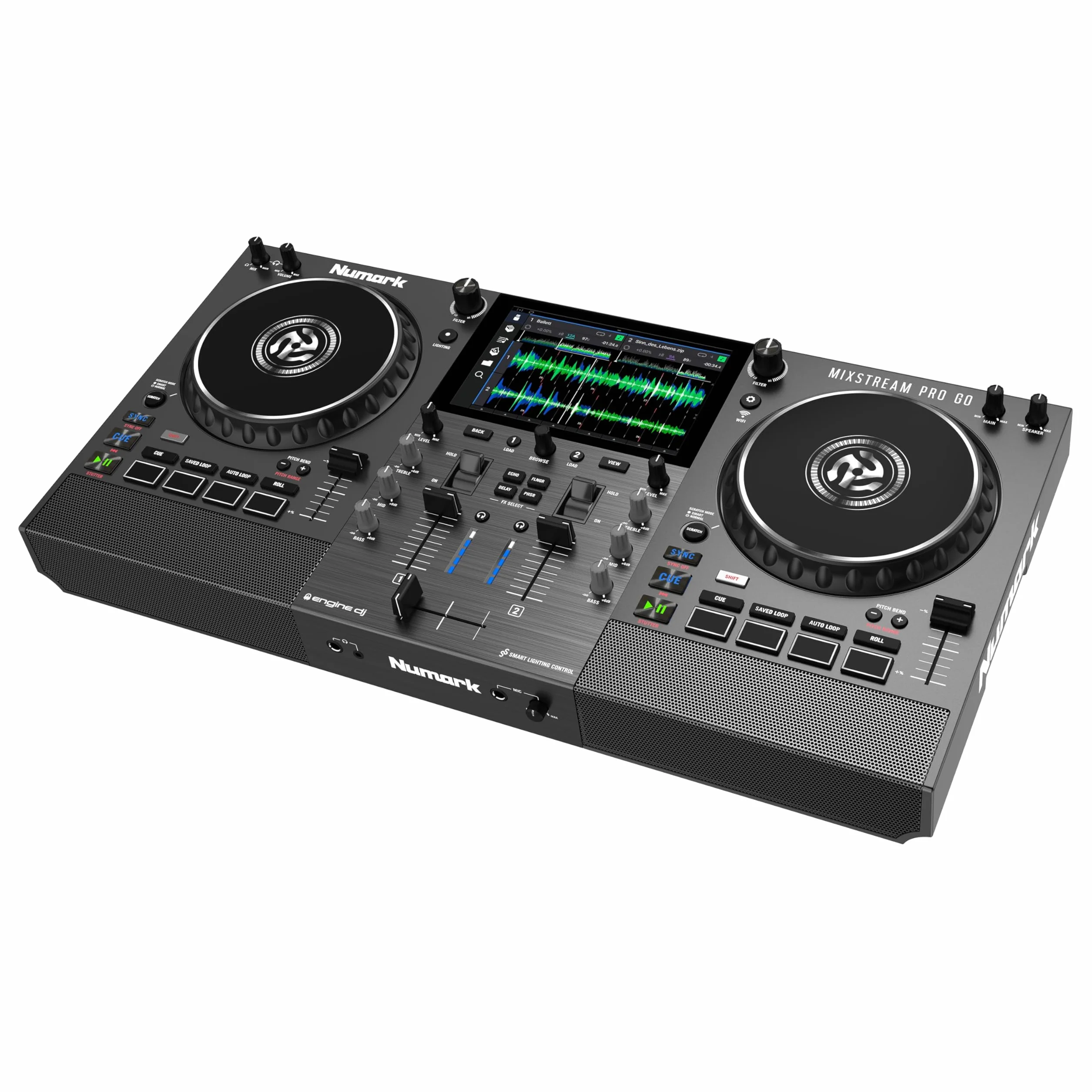 Numark Mixstream Pro Go Controlador DJ portátil, batería, mezclador con separación de stems, altavoces, streaming wifi, pantalla táctil y Serato DJ
