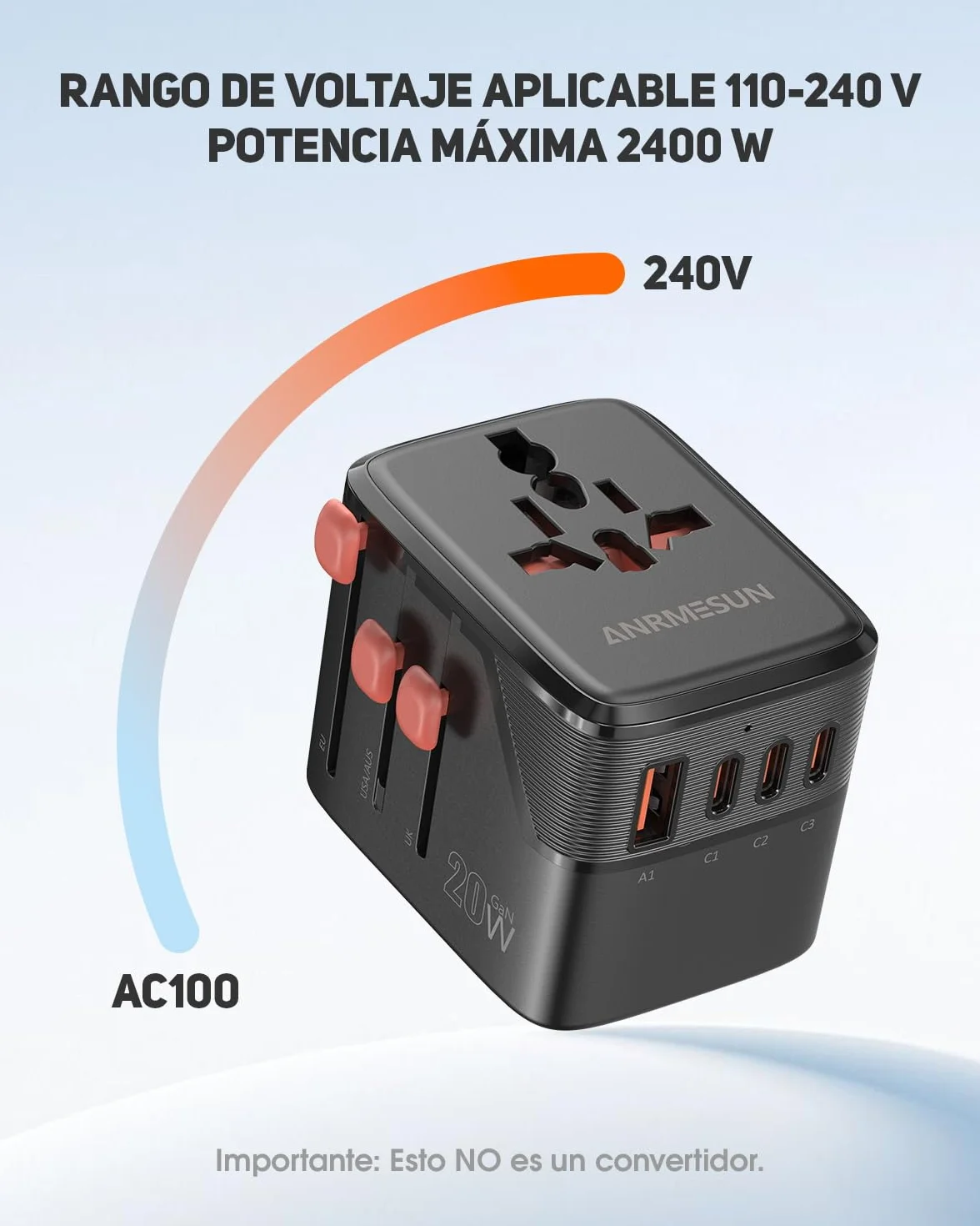 Adaptador Enchufe Universal, Internacional Adaptador de Viaje con 3 USB-C(PD 20W) y 1 USB-A, Enchufe Viaje para EU, UK, Americano, Japon, Australia, Negro
