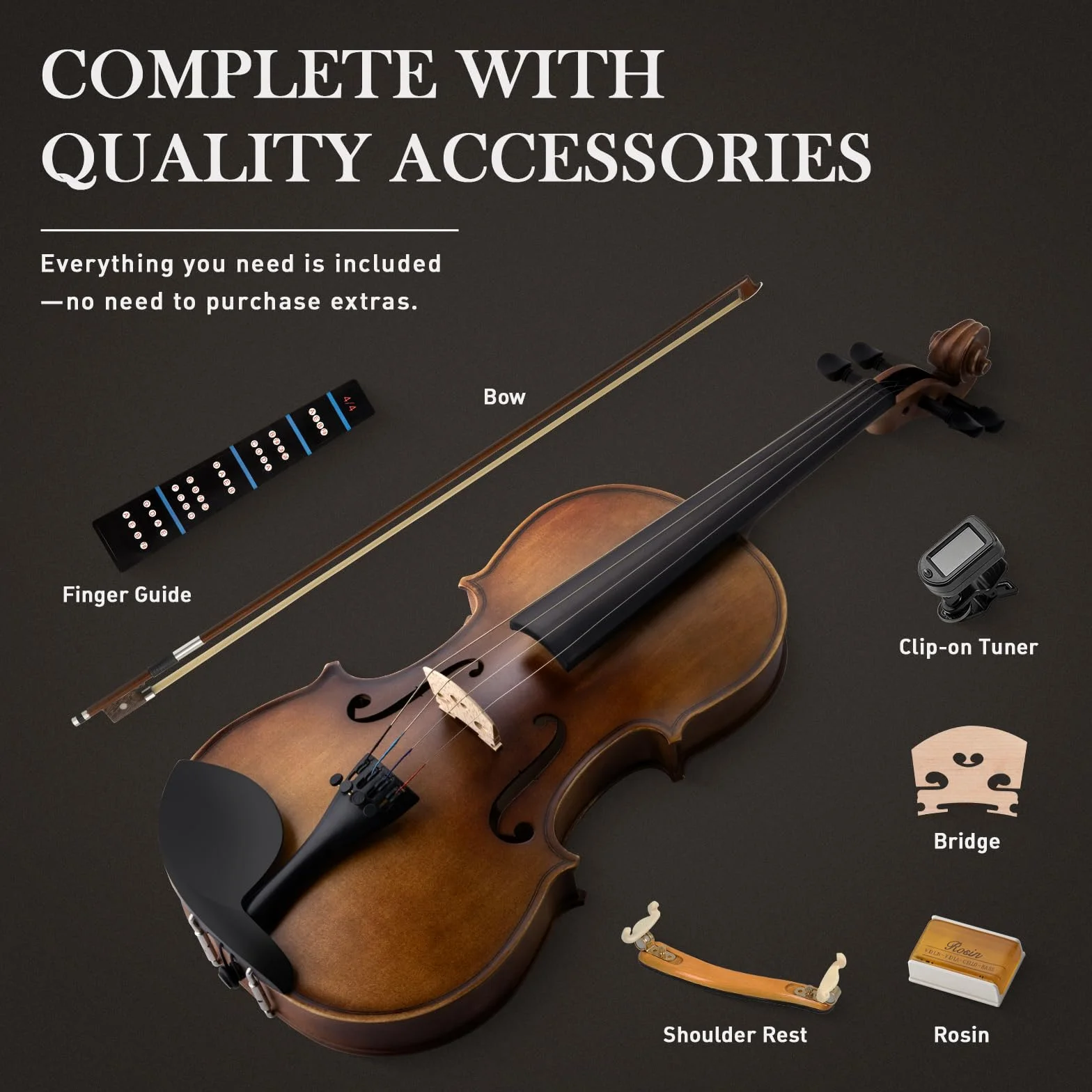 SONICAKE Violín 4/4 de Madera Maciza para Adultos Estuche Rígido, Soporte, Colofonia, Arcos, Afinador de Pinza y Cuerdas Extra QVL-01