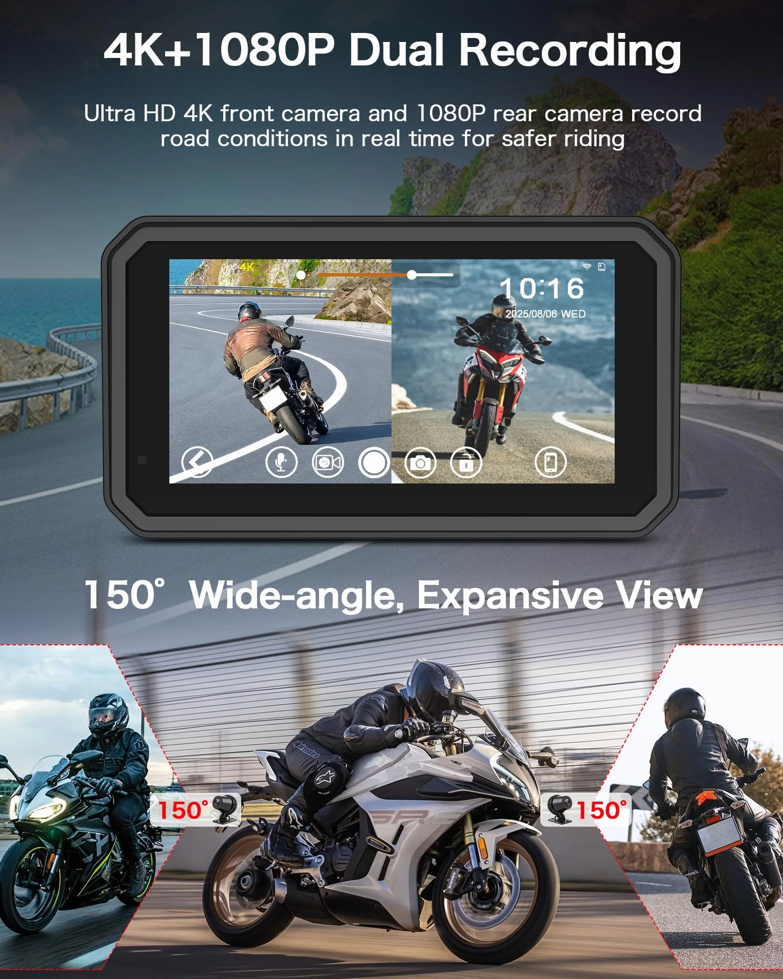 Jansite 6,25 Pulgadas Carplay Moto con 4K Dashcam GPS Navegador, Pantalla Android Auto Doble Bluetooth IP67
