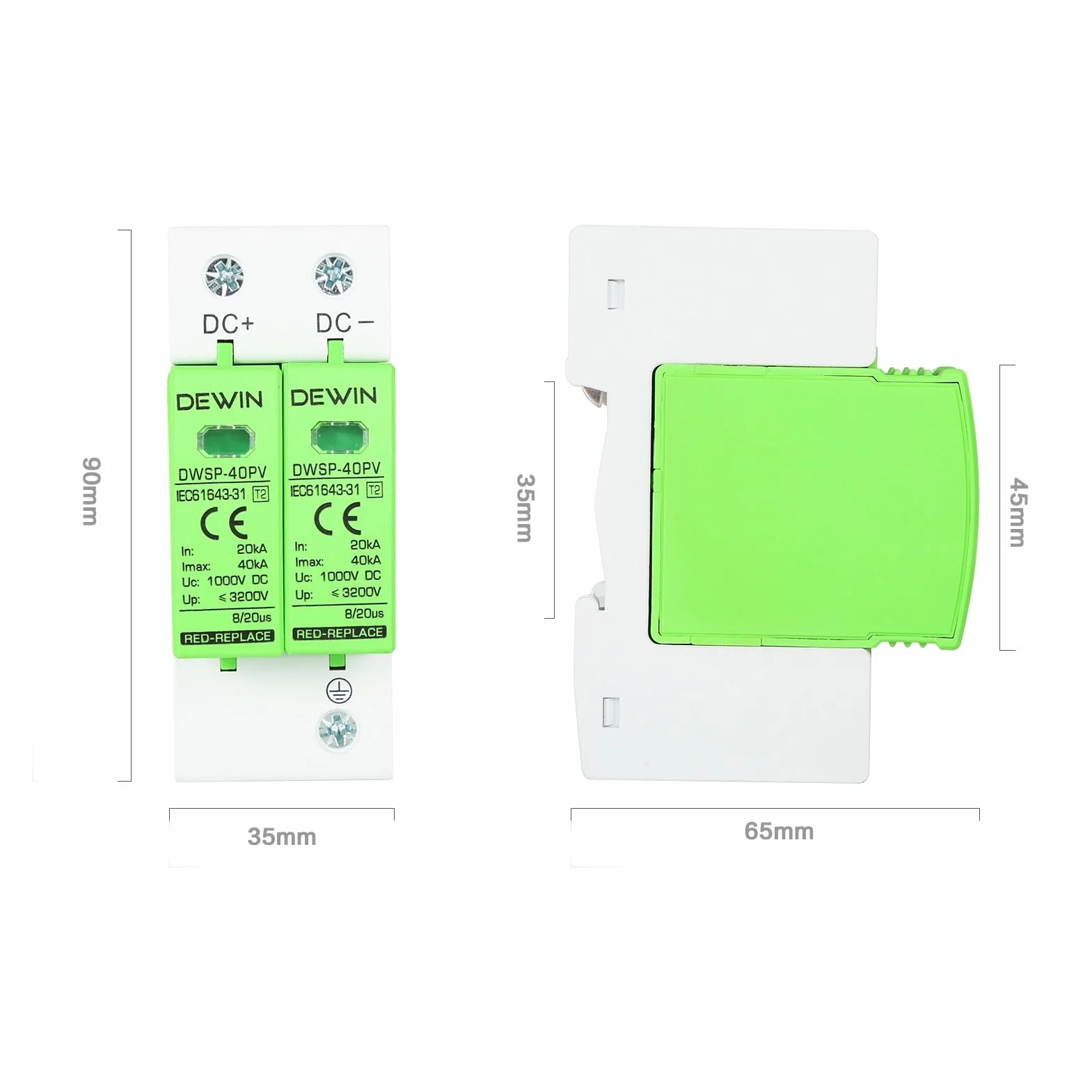DEWIN Dispositivo de protección contra sobretensiones, 2P 40KA Dispositivo de pararrayos fotovoltaico DC 1000V Protector contra sobretensiones Dispositivo de protección contra rayos Carril DIN de 35mm