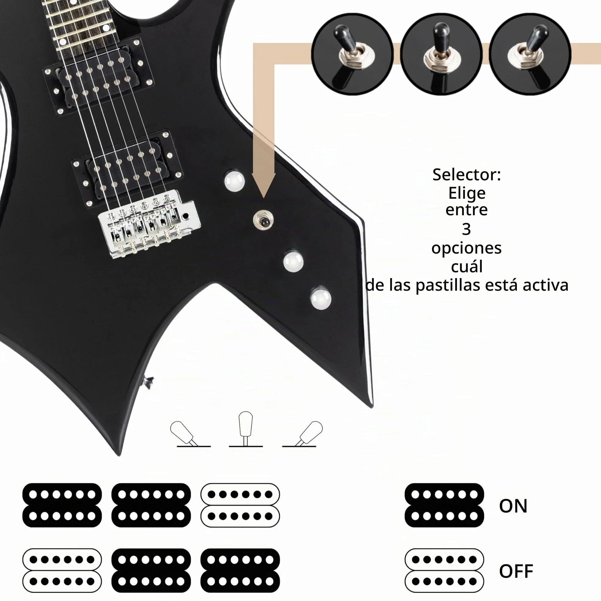 Rocktile Warhead E-Gitarra - Rocktile Heavy-Series - Cuerpo: Tilo - 2 Humbucker Pickups - 24 Trastes - Diapasón de madera dura seleccionada - Vintage String Thru Tremolo - Negro Brillante
