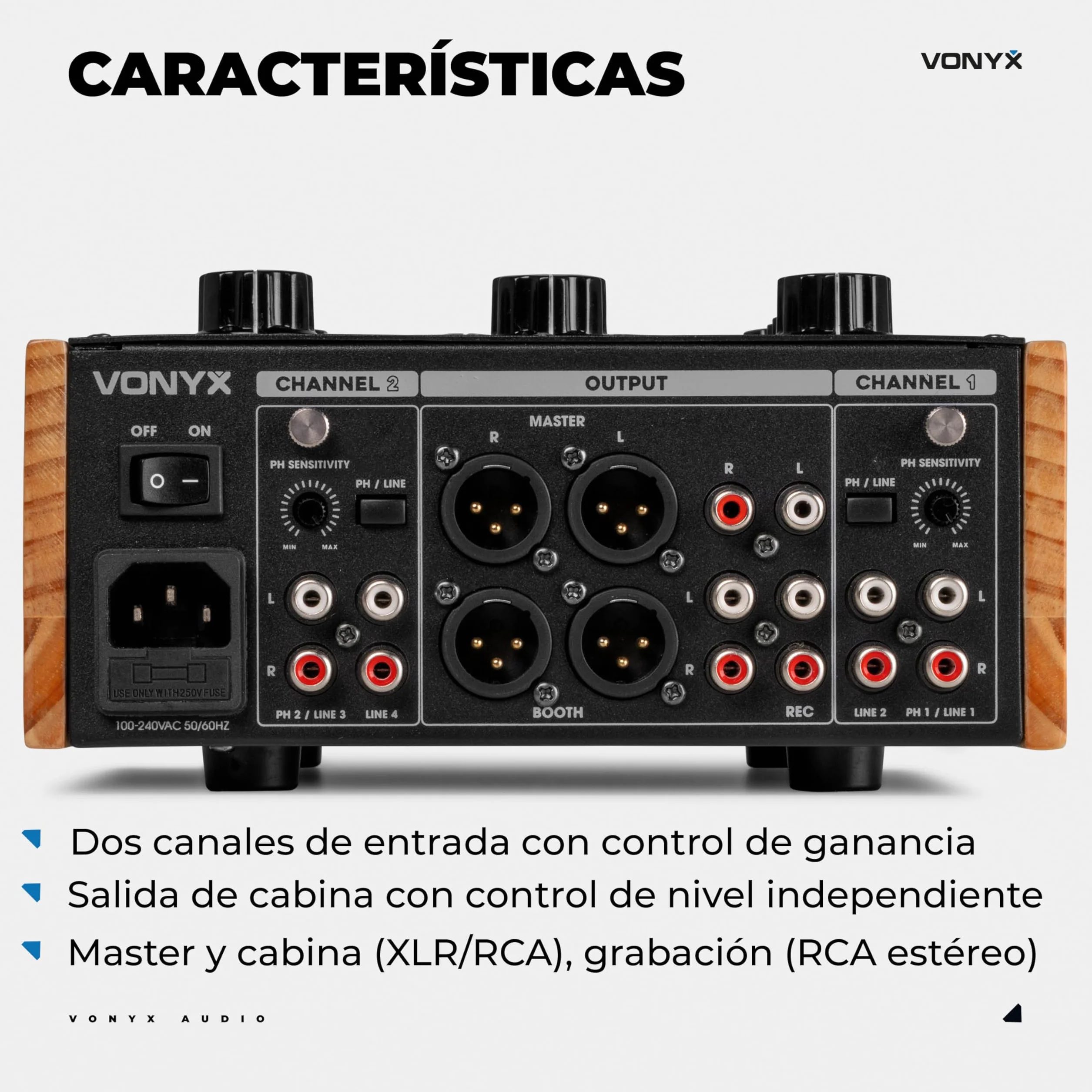 Vonyx VDJ250 – Mezclador DJ analógico 2 Canales con EQ entradas RCA Salida XLR Booth Rec para Tocadiscos y Reproductores diseño Retro Compacto Mixer DJ analogico DJ Booth Mixer vdj250