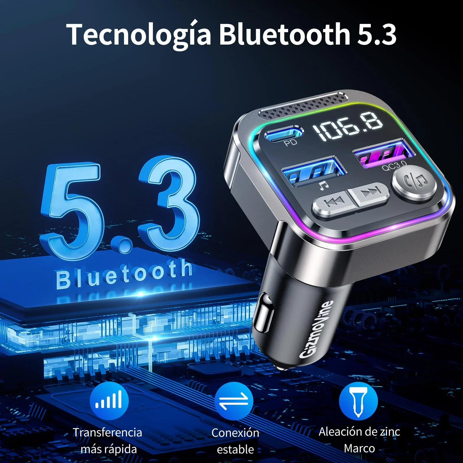 GizmoVine Transmisor FM Bluetooth Coche 36W QC PD Adaptador Mechero USB Manos Libres