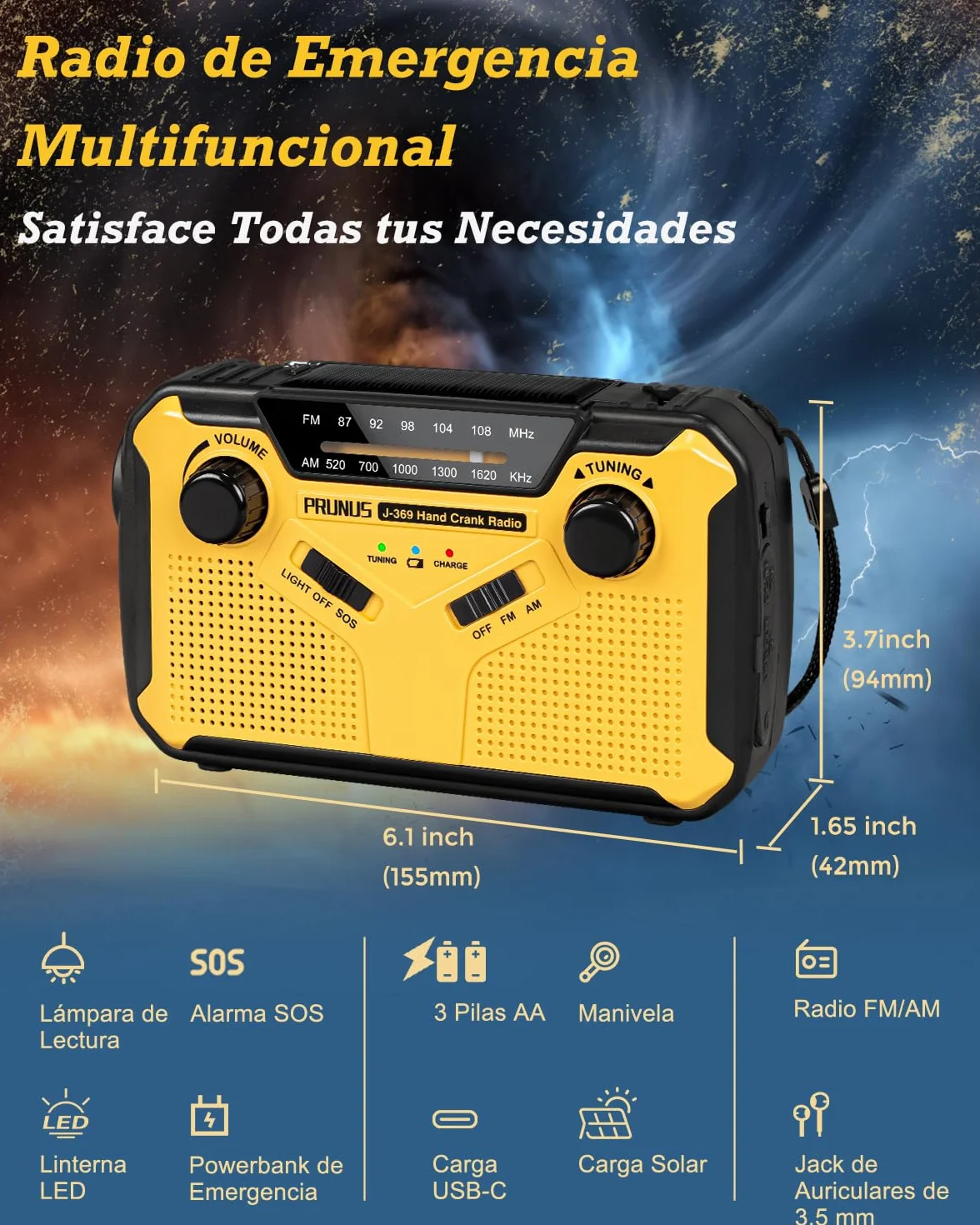 PRUNUS J-369 Radio Solar y a Pilas, Radios Emergencia con Manivela, Am FM Radio Portatil Pequeña Recargable con Banco de Energía de 3000 mAh, Lámpara Lectura, Linterna, SOS.