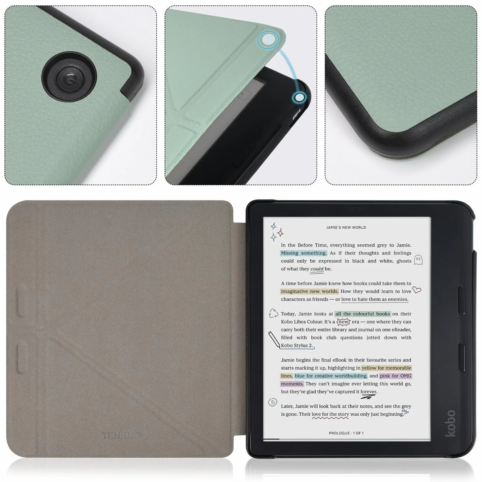 Funda para Kobo Libra Colour, Tolino Vision Colour 2024, Cubierta Plegable con Suspensión/Activación Automática, Verde Esmeralda