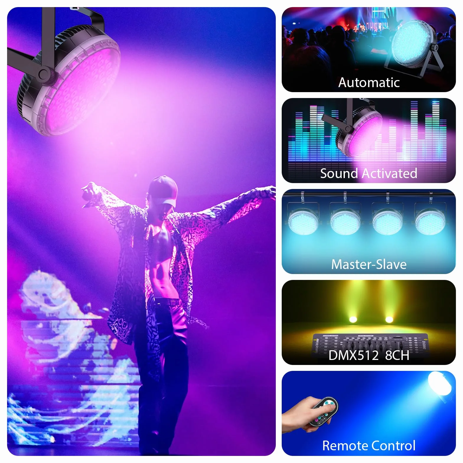 Juego de 4 focos LED Par de 120 W, 60 ledes, con mando a distancia, RGBW 4 en 1, 8CH/DMX512, LED Luces de escenario Foco de discoteca Luz de fiesta para bodas, bares, clubes, decoración