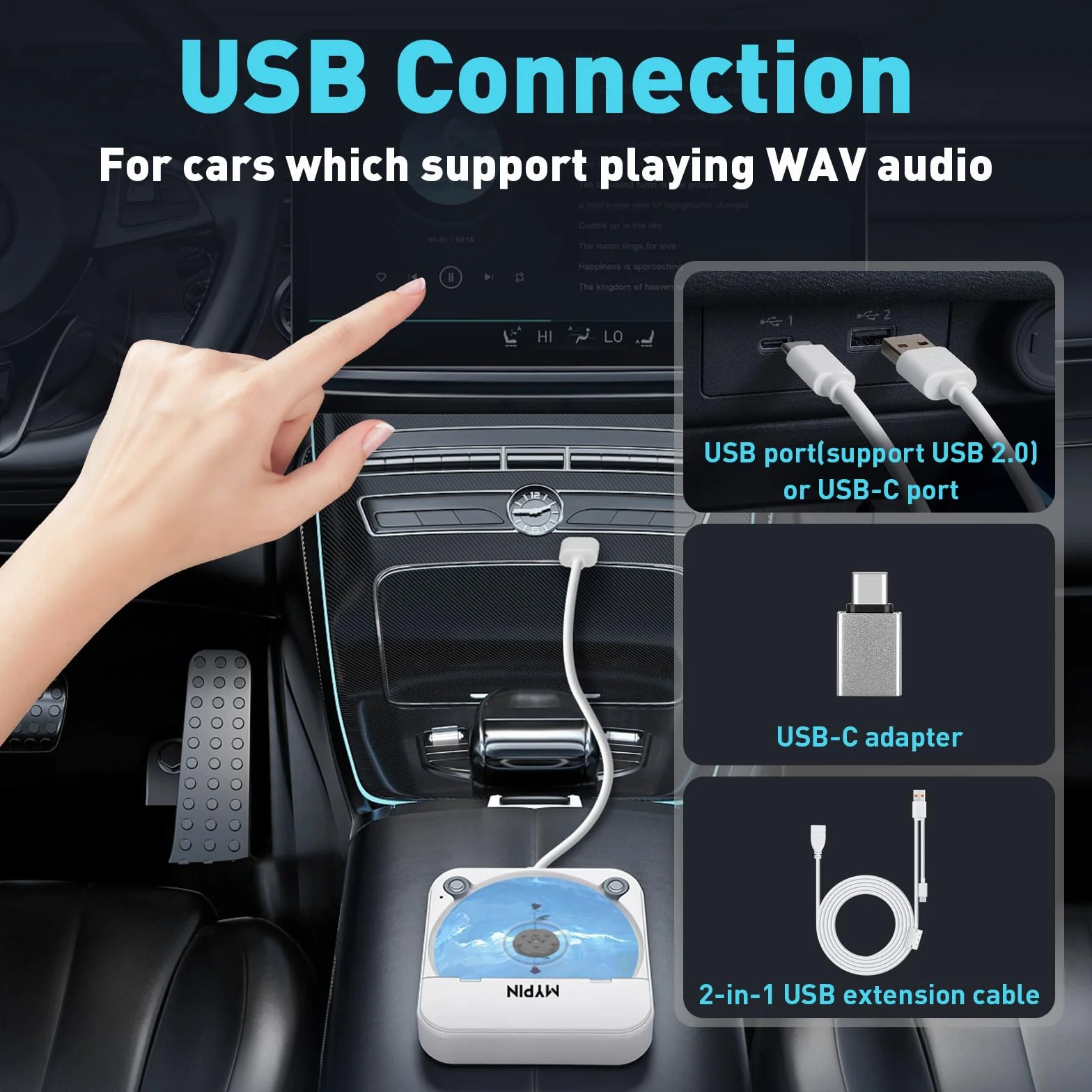 Reproductor de CD Portátil Externo para Coche con Puerto USB/AUX, Compatible con Radio Estéreo de Coche, TV, Computadora, Universal para Vehículos, Compatible con CD/CD-MP3/CD-RW/CD-R/CD-WMA/CD-WAV