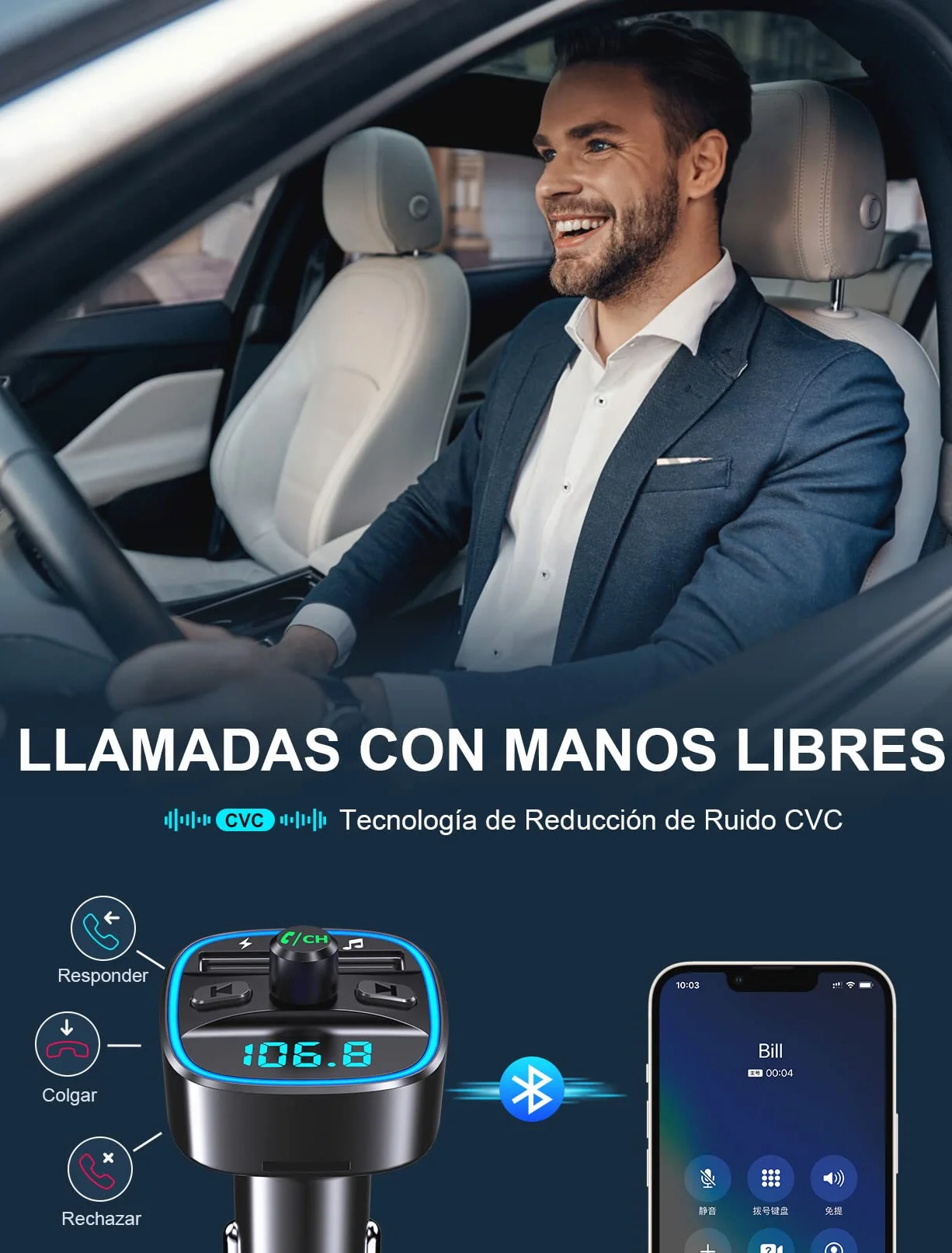 Mohard Transmisor FM Bluetooth Coche, Manos Libres Adaptador Bluetooth, Reproductor MP3, Puertos USB Duales 5V/2.4A