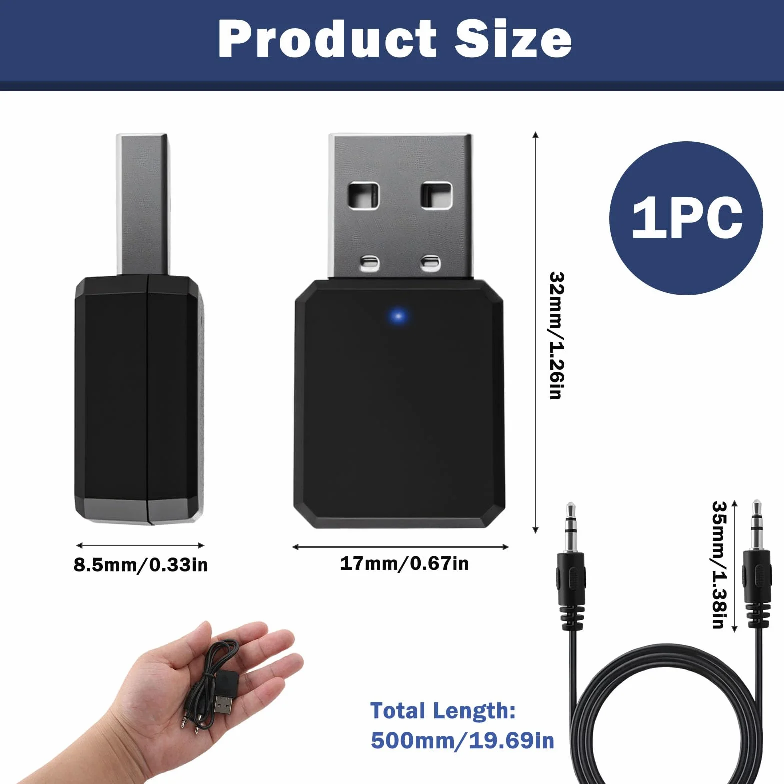 Adaptador Bluetooth USB para Coche con AUX, Receptor Audio Inalámbrico Blue Tooth 5.1, Bluetooth Auto para Música sin Cables, Compatible con Android Auto y CarPlay, Cable Jack 3.5mm