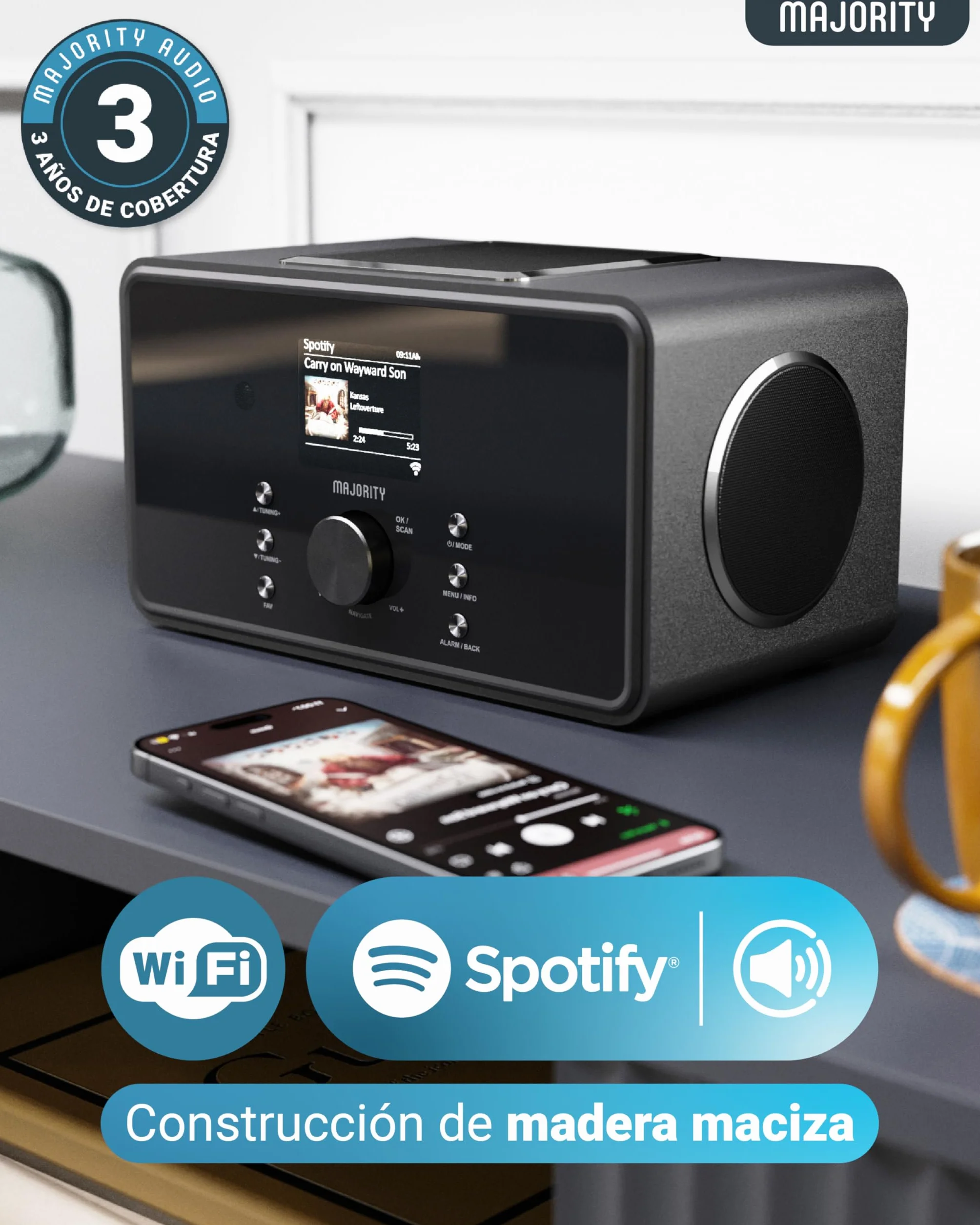 MAJORITY Bard Radio Internet con Dab+ | 2.1 100W Estéreo con Subwoofer Incorporado | Radio WiFi con Bluetooth & Despertador | Spotify Connect, Podcasts, FM, 90 Preajustes | Mando a Distancia (Negro)
