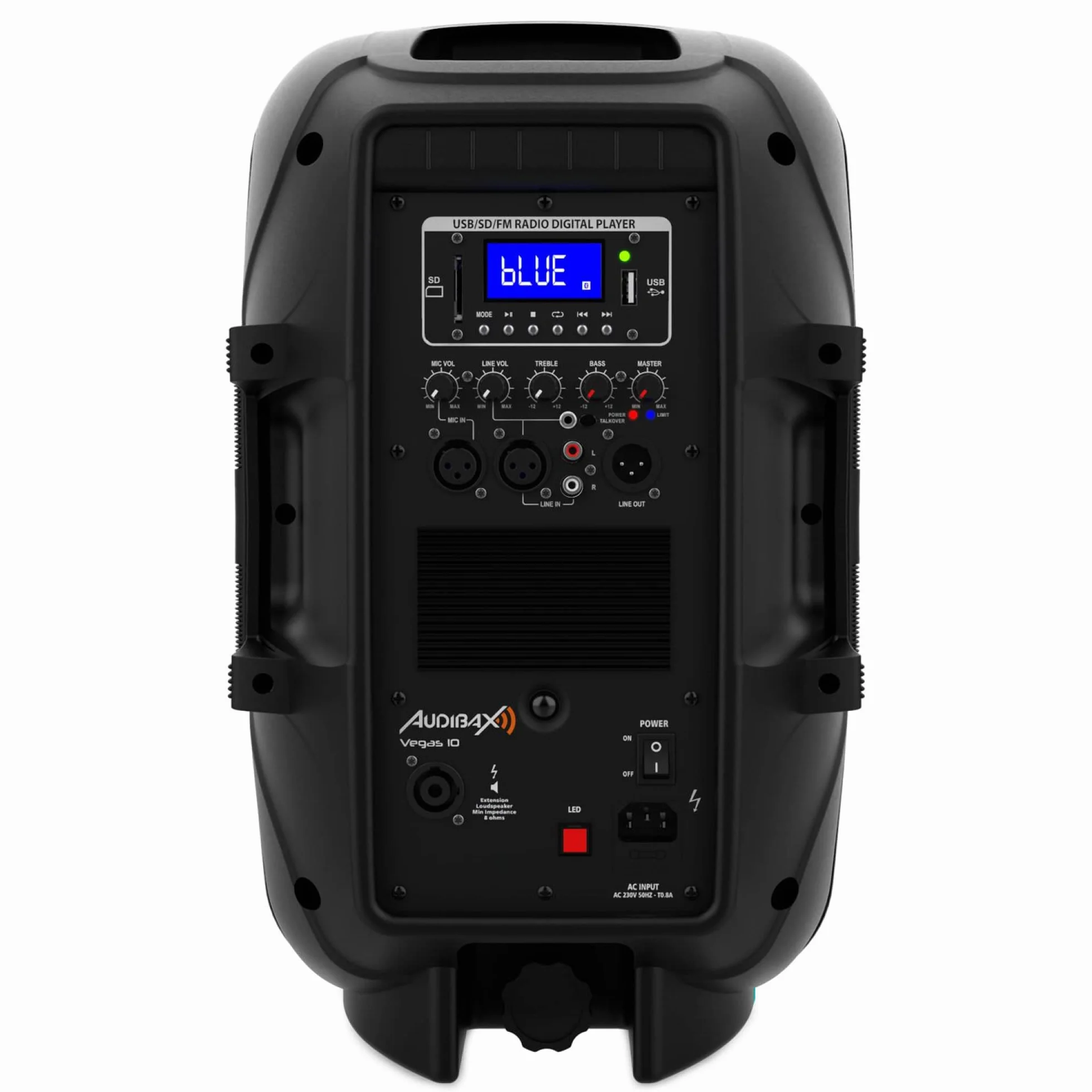 Audibax Vegas 10 - Altavoz Profesional con Bluetooth de 10" - Soporte Tripode y Mando Incluido - Potencia de 200W - Altavoz Amplificado - Conexión USB/SD - Altavoz con Bluetooth - Iluminación LED