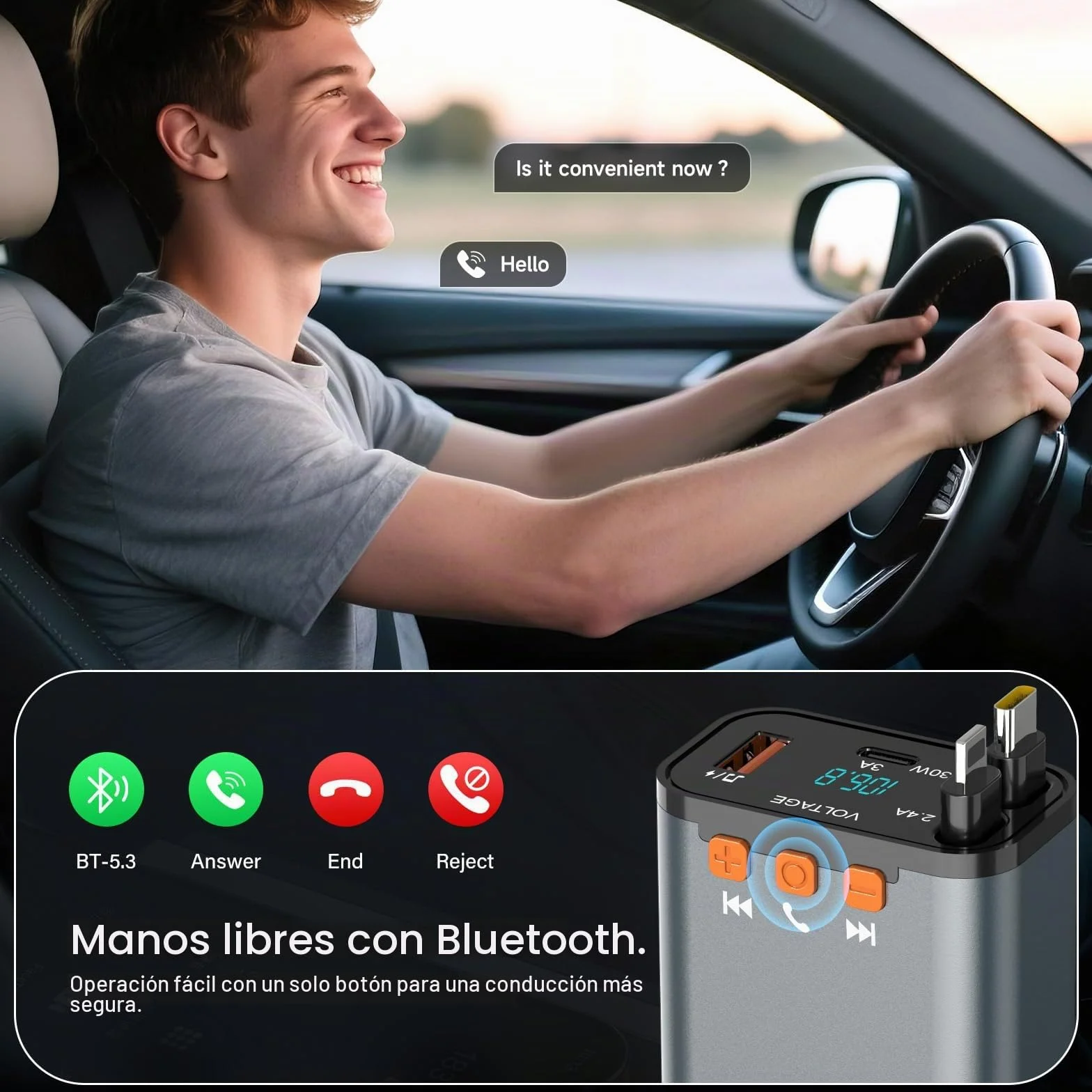 SEANCHEER Cargador Coche USB C Transmisor FM Bluetooth, Cargador Mechero 69W 2 Cables Retráctiles, Bluetooth 5.3, USB Mechero 24V/12V (Gris [C+Lightning])