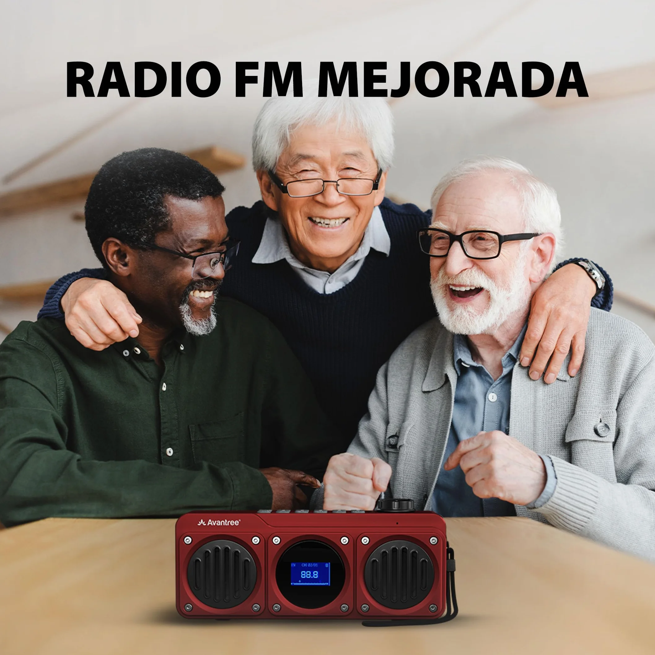 Avantree Boombyte - Radio FM Portátil Pequeña 4 en 1 y Altavoz Bluetooth con Altavoz Duales (14W), Volumen Potente, Sonido Estéreo, Lector Micro SD y Puerto USB, Reproductor de MP3 Recargable - Rojo