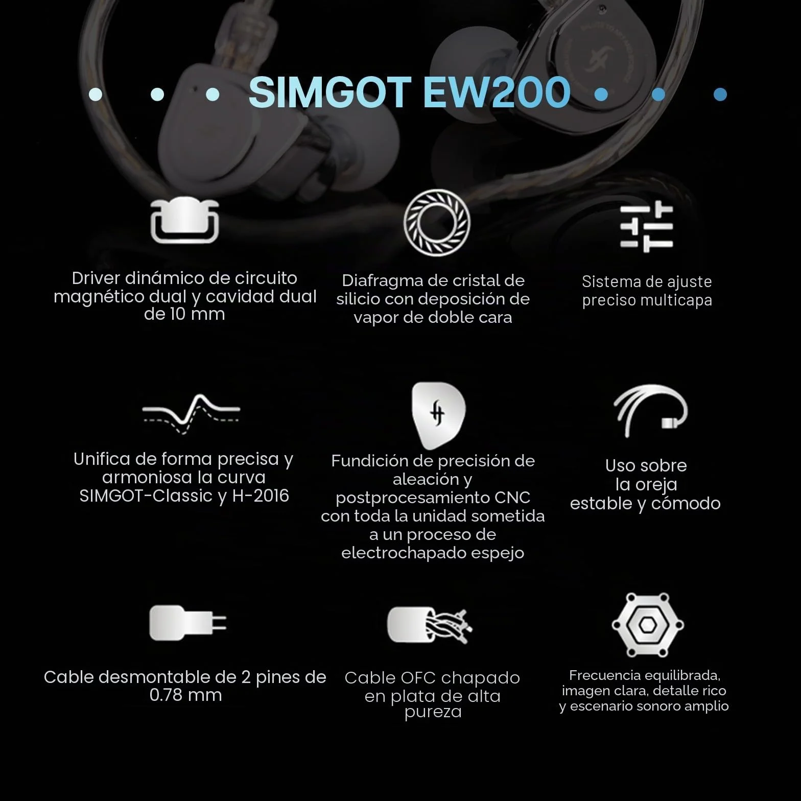 Linsoul SIMGOT EW200 - Auriculares intraurales con diafragma SCP de 10mm con Cuerpo de Metal, Cable OFC Chapado en Plata Desmontable de 0,78mm de 2 Pines para audiófilos músicos (EW200 Sin micrófono)