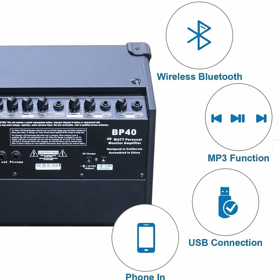 Coolmusic amplificador de guitarra acústica portátil de 40 W con entrada de micrófono, Bluetooth integrado, batería recargable con rendimiento de hasta 8 horas