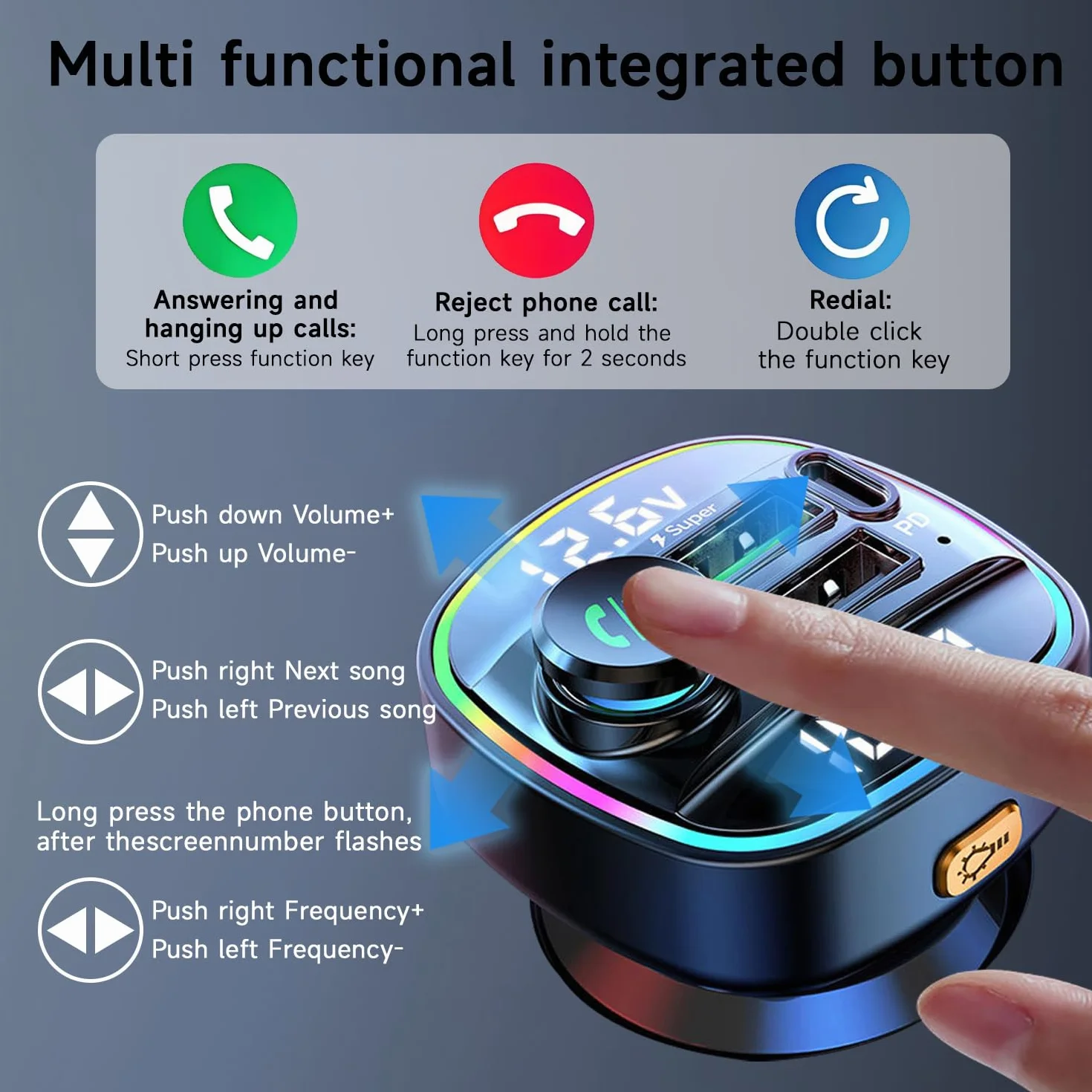 QUMOX Transmisor FM Bluetooth 5.0 para Coche, Adaptador C22 con Carga Rápida PD 20W, Pantalla de Voltaje, Gran Perilla de Control, Reproducción USB/TF, Asistente de Voz, Llamadas Manos Libres