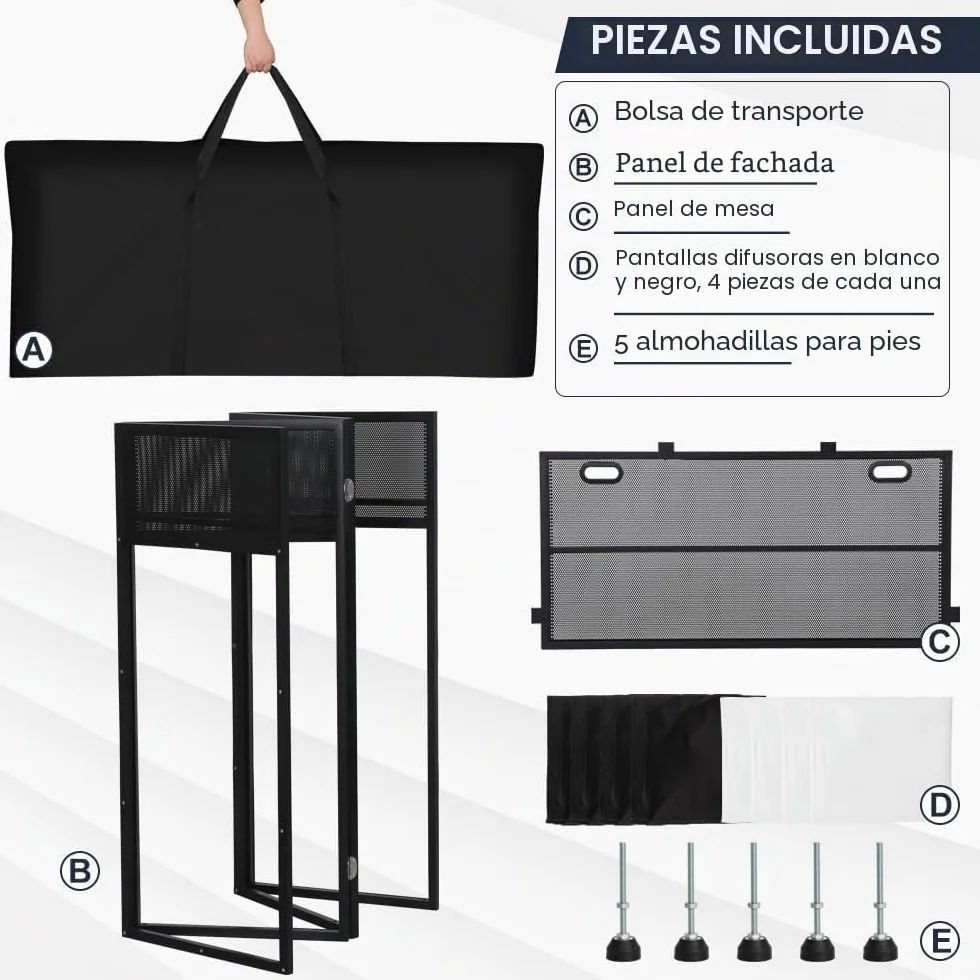 Kokorona Cabina de DJ Portátil 108 x 51 x 115 cm, Cabina de Fachada de DJ con Pantallas Negras y Blancas, Cabina de DJ Plegable Ajustable para Fiestas, Estación de Mesa de Fachada de DJ con Orificio