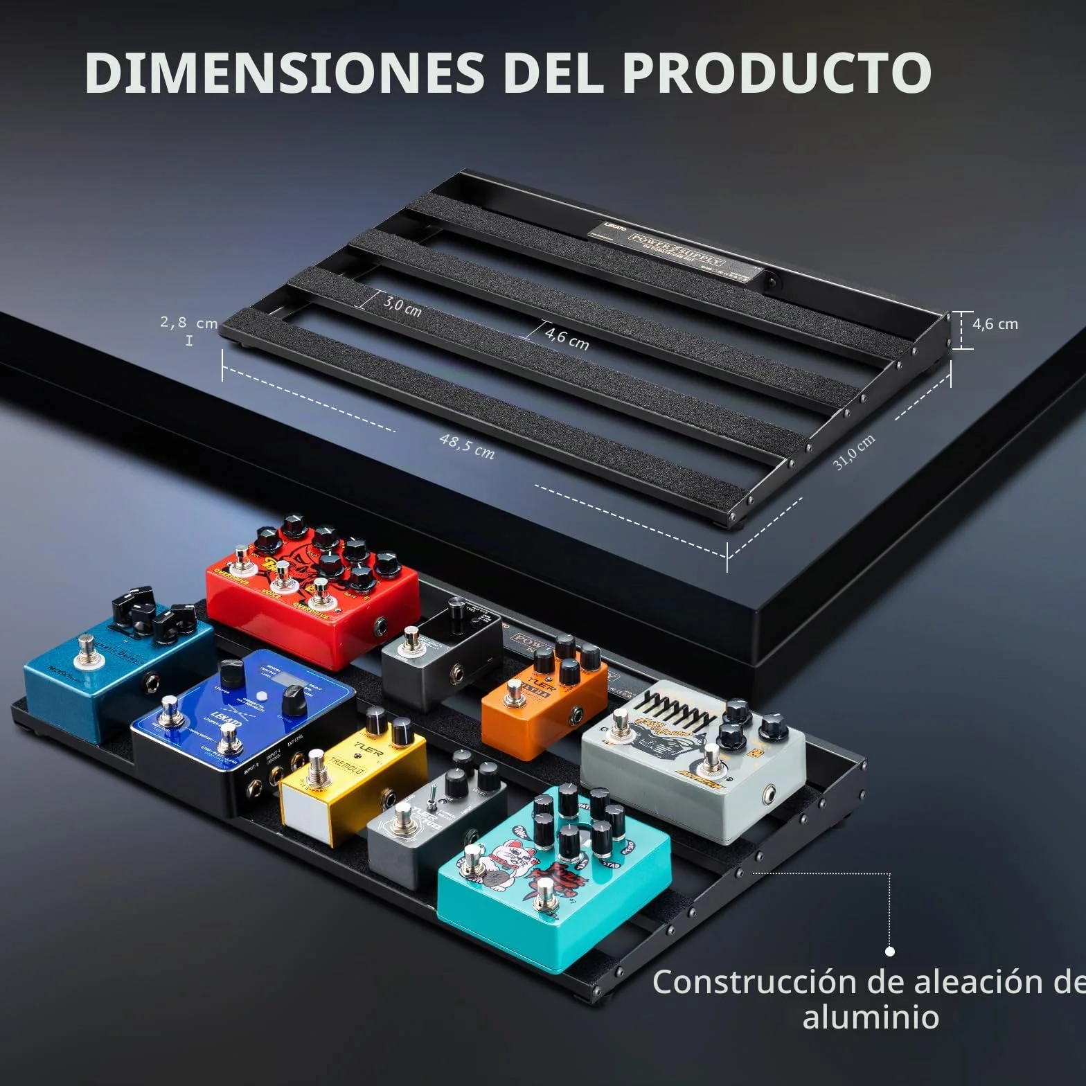 LEKATO Pedalera con Fuente de Alimentación Incorporada, Pedalera de Efecto Grande de 19,1*12,2*1,8 Pulgadas,Juego de Pedalera de Aleación de Aluminio con Bolsa de Transporte,Cables de Pedal,adhesivo