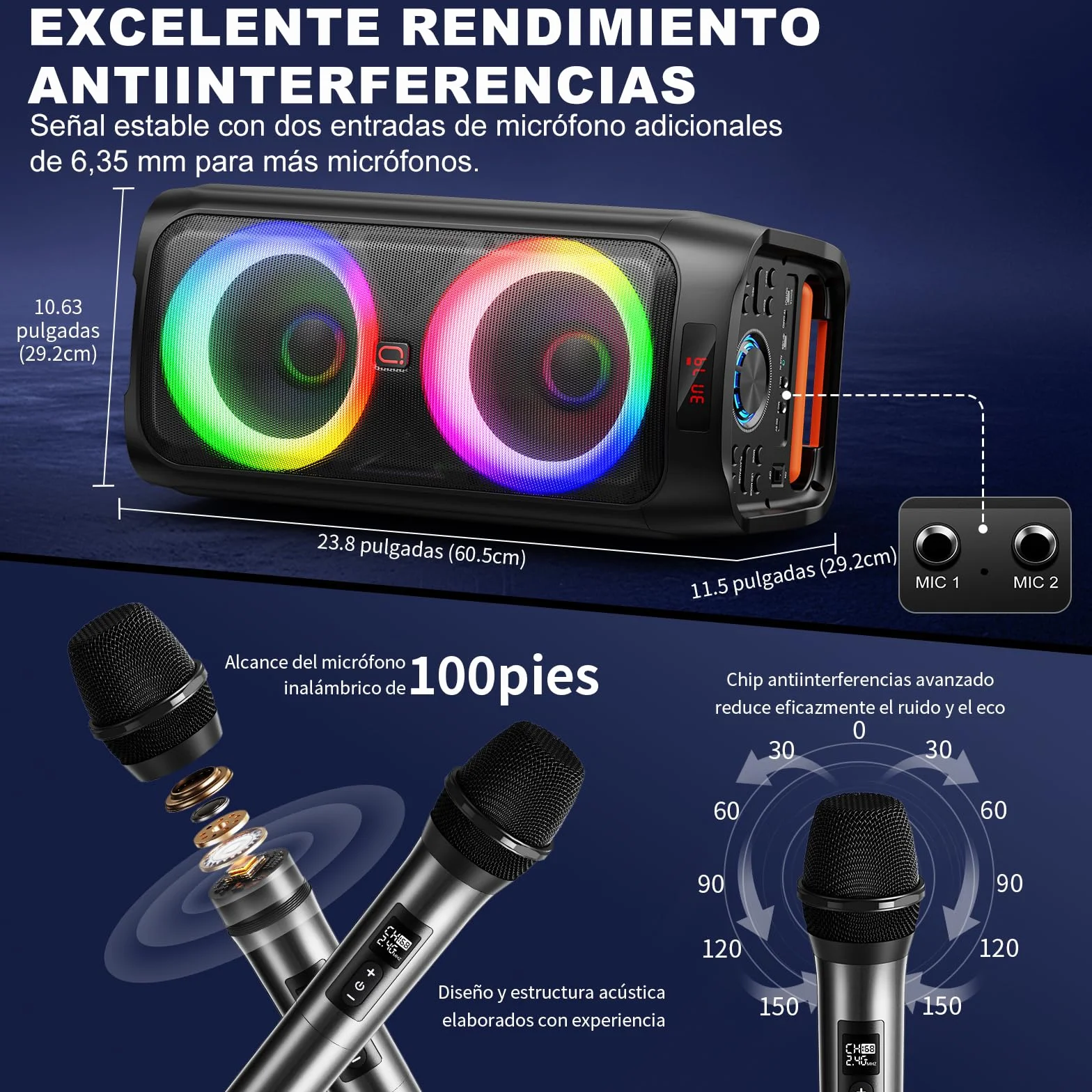 HWWR Karaoke con 2 Micrófonos Inalámbricos para Adultos,8" Altavoz Bluetooth Grande para Fiestas con 500W de Pico de Potencia, Ruedas Rodantes y Carro, Sistema PA con Luz LED Disco para Fiesta en casa