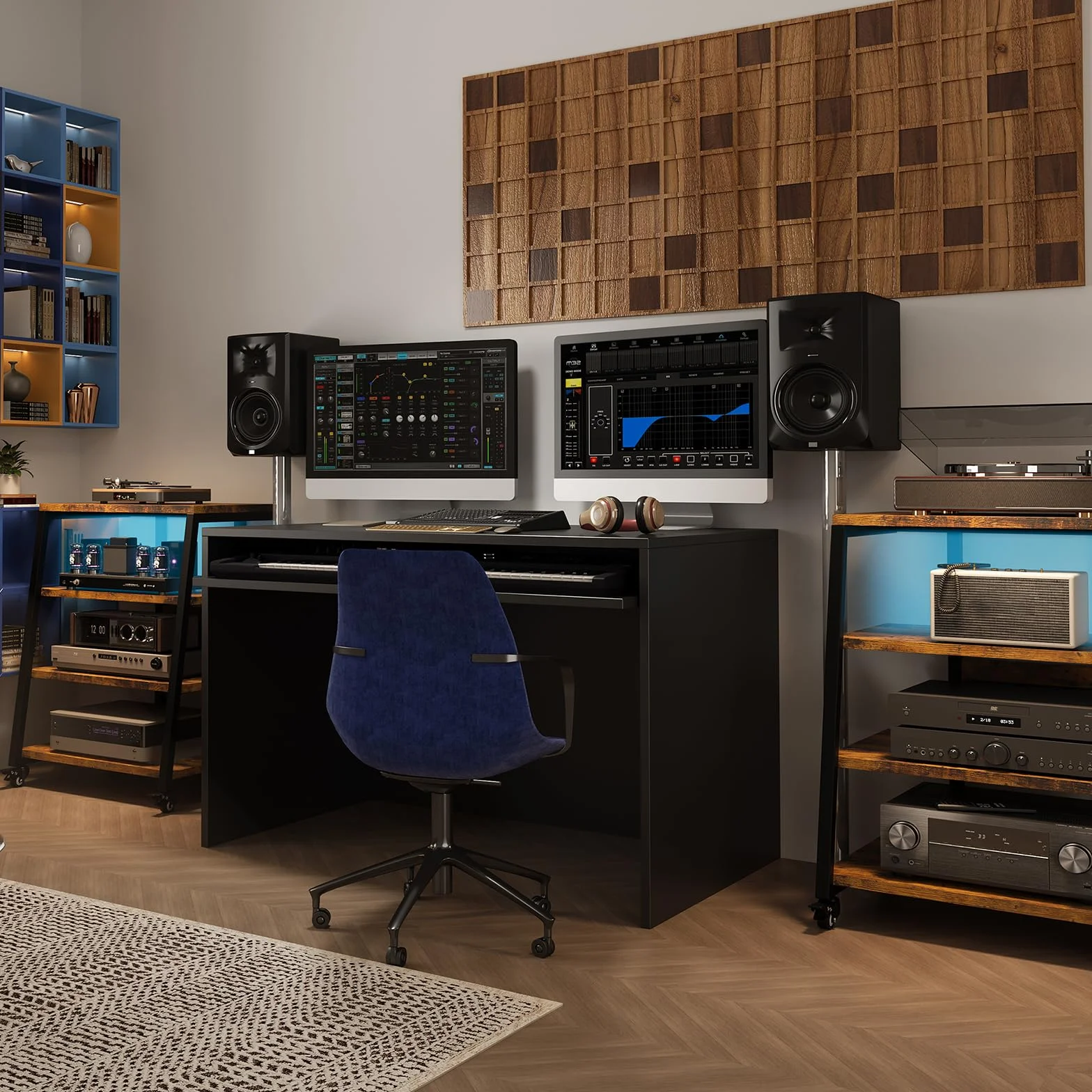 Mueble HiFi con 4 estantes de madera, soporte para mueble de cadena HiFi para platino, vinilo, mueble de audio, vídeo, giro disco/TV estéreo/reproductor de DVD, altura ajustable, capacidad de carga 50