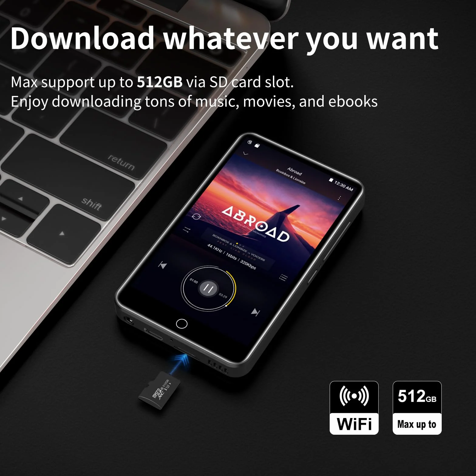 Reproductor MP3 con Spotify, ZAQE 80 GB MP3 Player con Bluetooth y WiFi, Reproductor MP3 con música de Amazon, Deezer, Pantalla táctil de 4 Pulgadas, Reproductor MP4 para niños