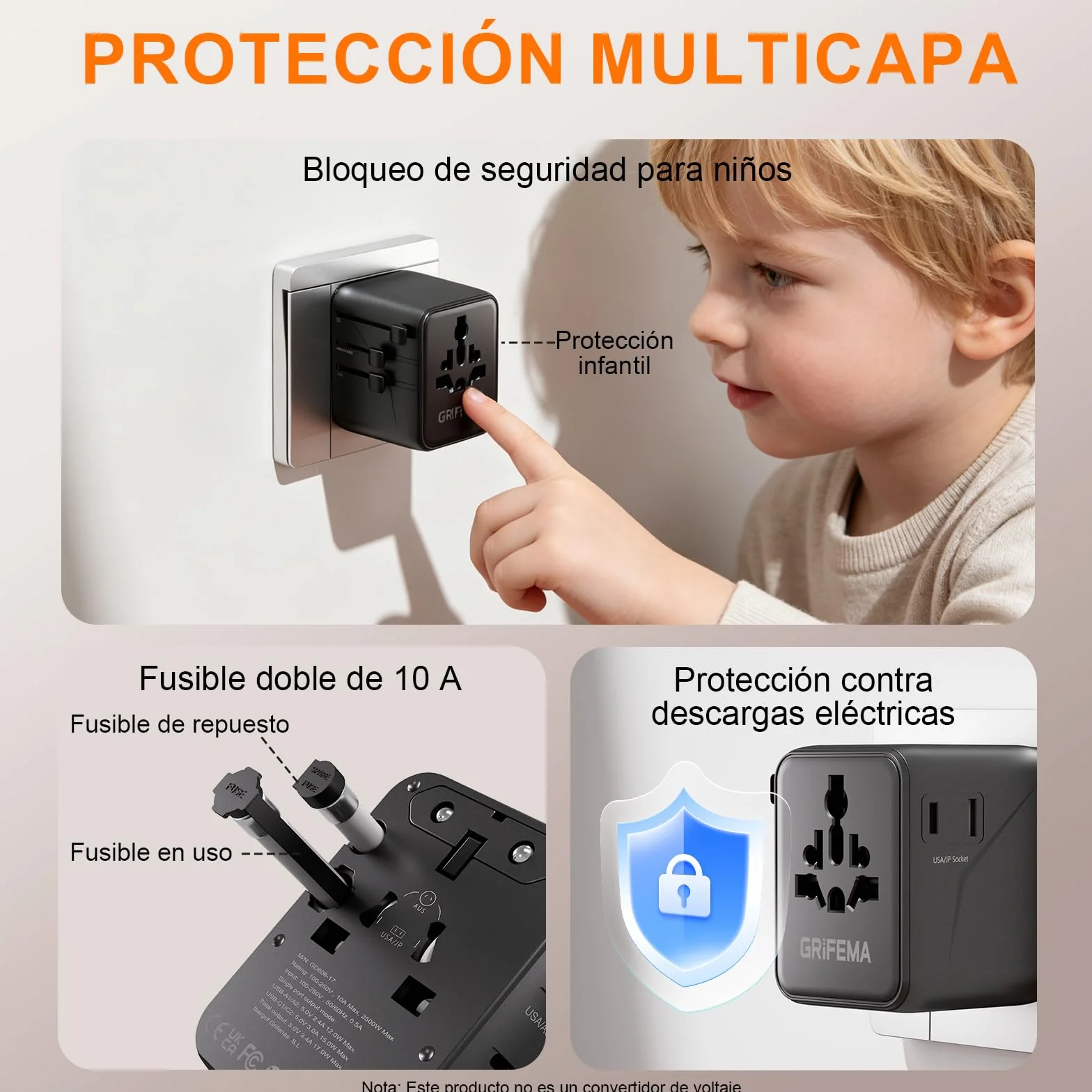GRIFEMA Adaptador Enchufe Universal de Viaje, Cargador Internacional 6 en 1 con 2 USB-C, 2 USB-A y 2 Tomas AC, Adaptador Corriente para Reino Unido, USA, Europa, Australia, Italia, Japón