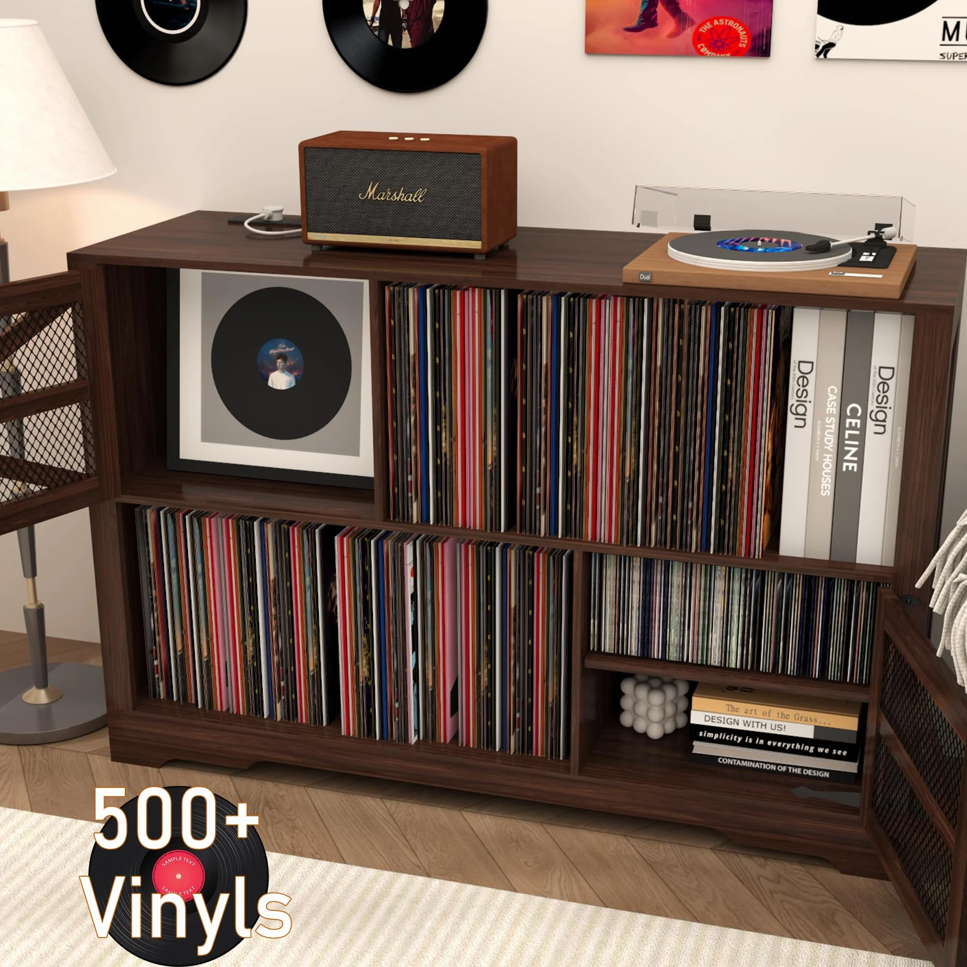 MDF Mueble para Discos de Vinilo con Acabado Nogal,Soporte para 500+ Vinilos, 2 Enchufes & 2 USB, Antivuelco, Mueble Compacto para Salón y Tocadiscos,Color Nogal