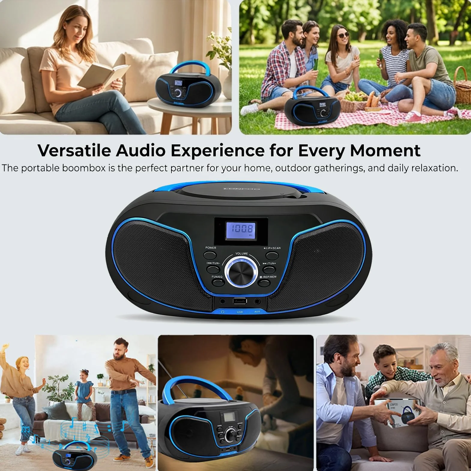 LONPOO Reproductor de CD portátil Boombox estéreo con Radio FM Bluetooth USB AUX Compacto CA o batería