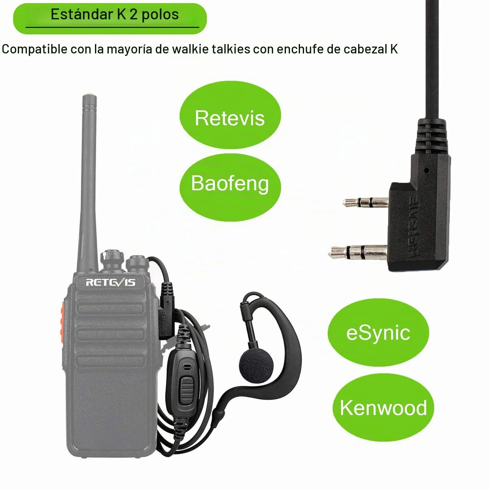 Retevis RE3120 Walkie Talkie Auricular, C-Tipo 2 Pines, Pinganillo Casco Compatible con Walkie Talkie RT24 RT622 RT27 RT617 RT618 RT619 Baofeng BF-888S Kenwood Proster (10 Pacs)