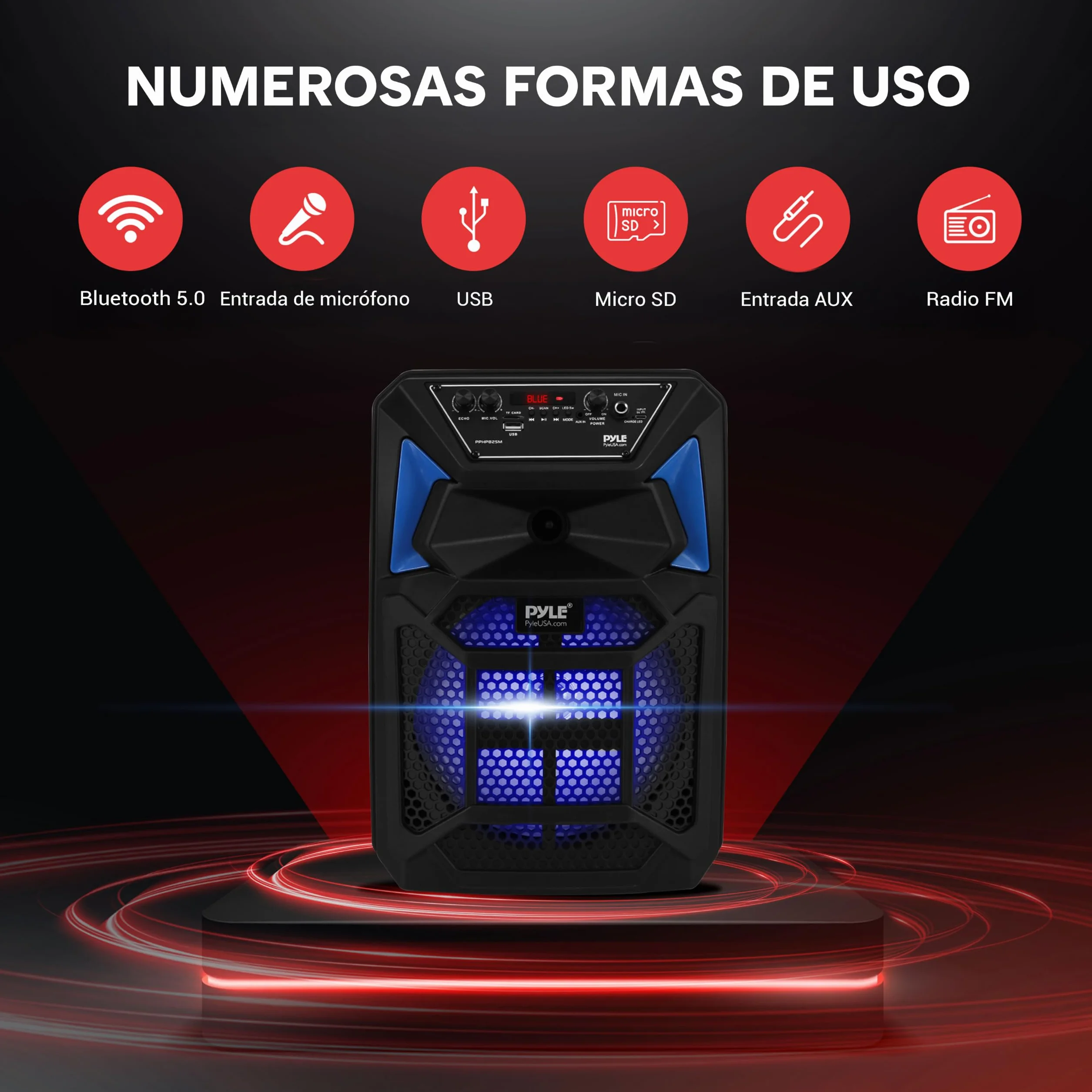 Pyle Sistema de Altavoces, PA, 400W, Bluetooth, Portatil, con microfono, Luces, Lector de Tarjeta USB SD/MP3, Radio FM, Ruedas, Mando a Distancia