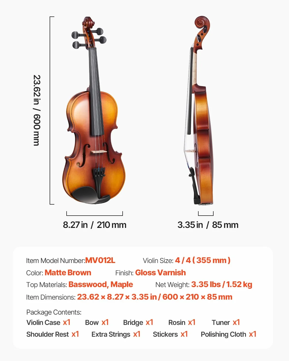 VEVOR Violín de 355 mm de Tamaño Completo, Kit de Violín con Estuche Rígido, Resina, Arco, Hombrera, Puente, Afinador y Cuerdas Adicionales, Instrumento Musical Profesional para Estudiantes, Marrón