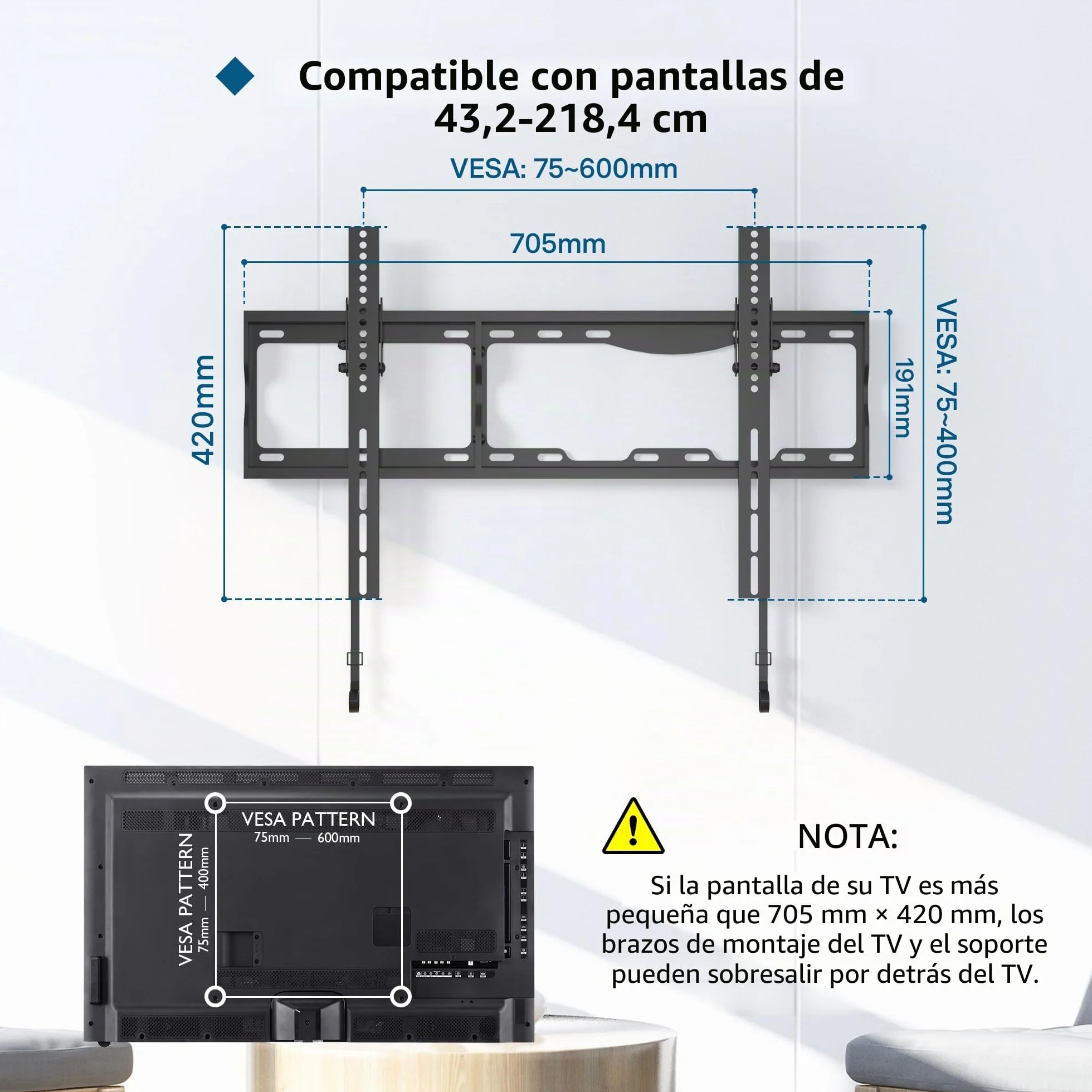BONTEC Soporte TV Pared 17-86 Pulgadas Inclinable VESA 600x400 mm 75 kg LED LCD OLED