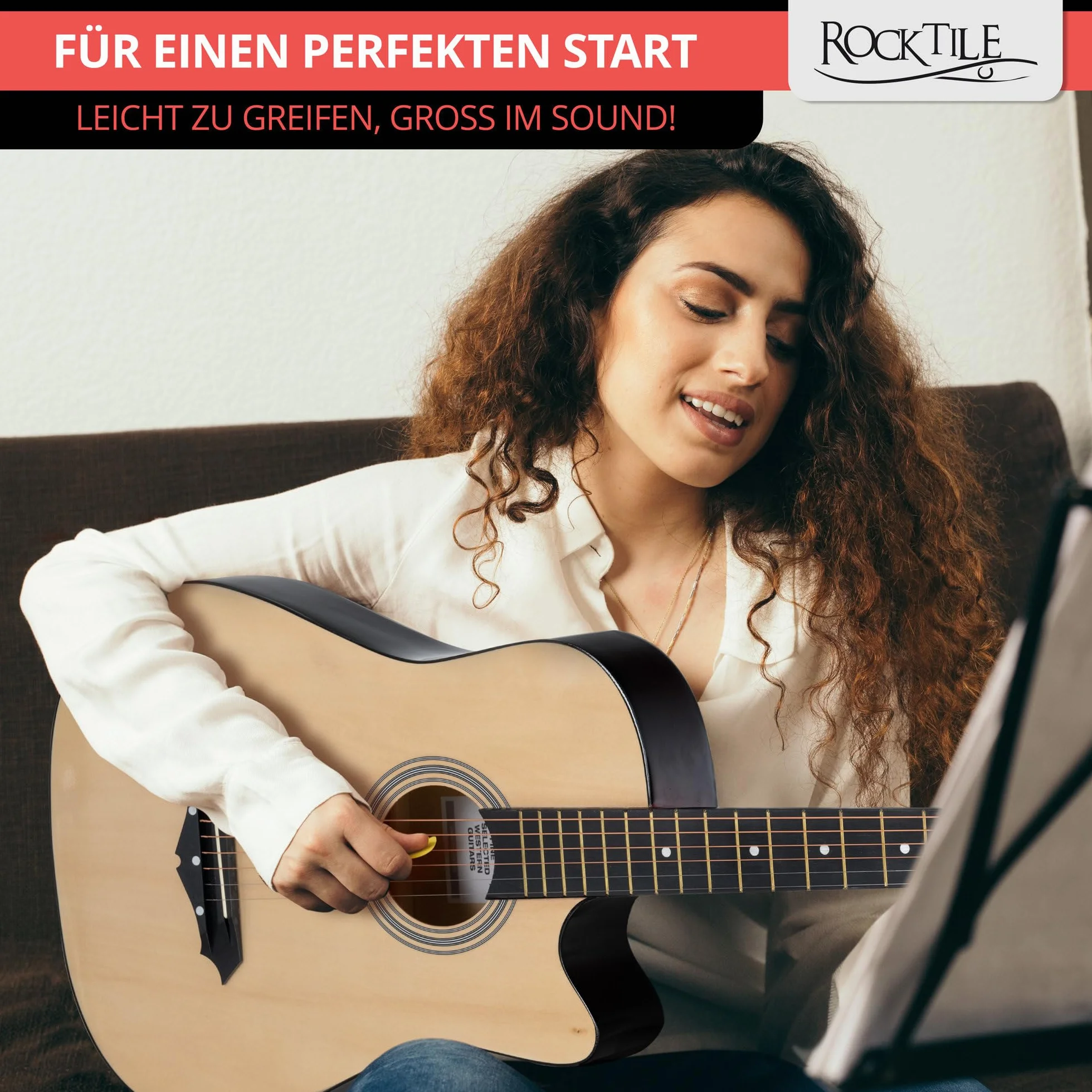 Rocktile WSD-5C-NT Slim Line Set De Guitarras Western - Guitarra Acústica Dreadnought - Cuerpo De Tilo - Mástil: Catalpa - Set Incluye Funda, Cuerdas De Repuesto, Correa Y Púas - Natural