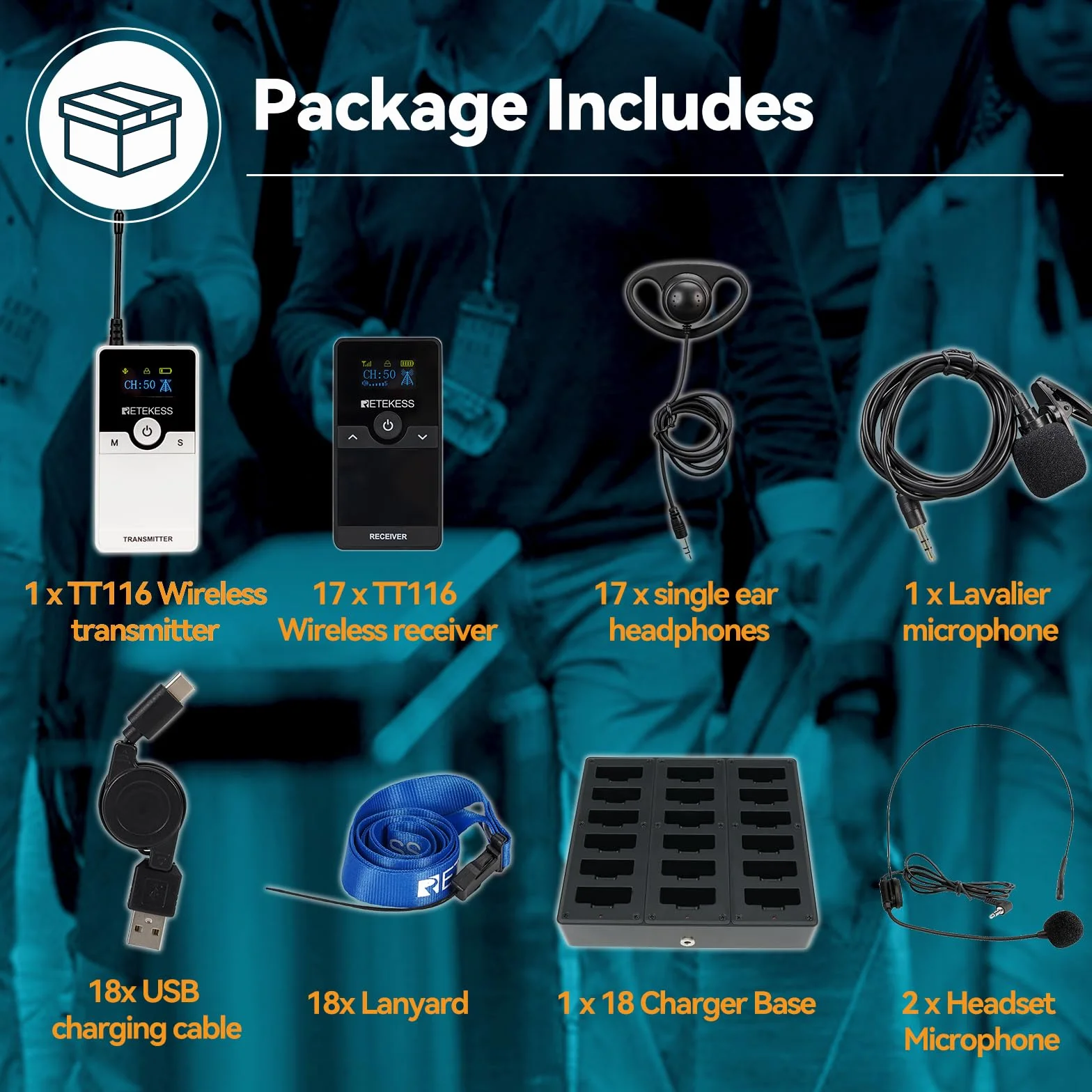 Retekess TT116 Tour Guide System, Sistema de Guía Turística Inalámbrica, Reducción de Ruido, 200m, Auriculares D, con Cargador de 18 Puertos para Fábrica, Viajar (1 Transmisor, 17 Receptores)