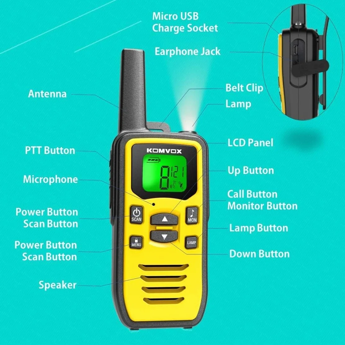 Walkie Talkie Profesional USB Recargable, Walky Talky Adultos para Montaña Emisoras - Amarillo
