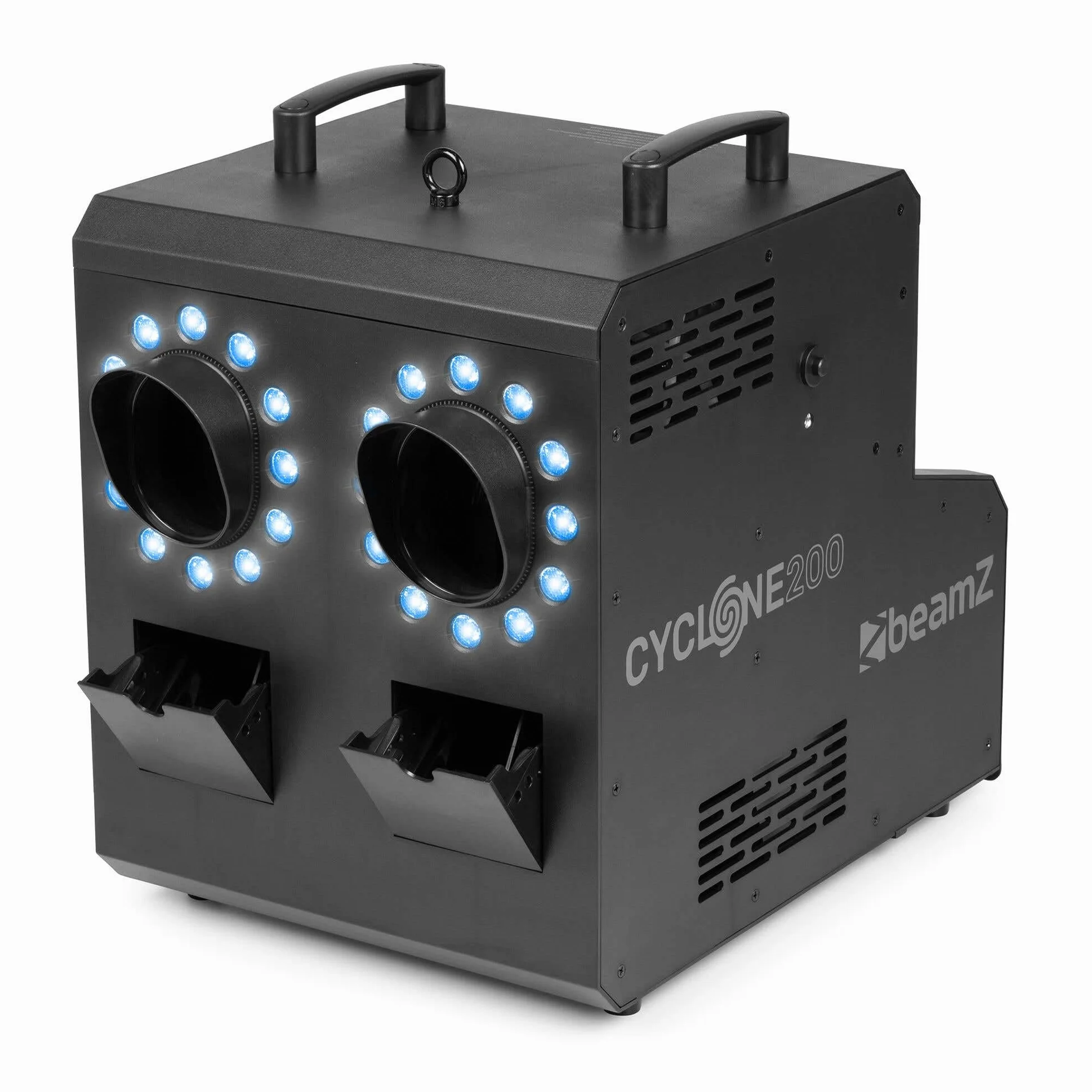 BeamZ Cyclone200 máquina de humo y burbujas con 24 LED RGBW, tanques dobles 1,2 L, caudal 250 m³/min, control DMX 11 canales, panel LCD, temporizador y mando a distancia
