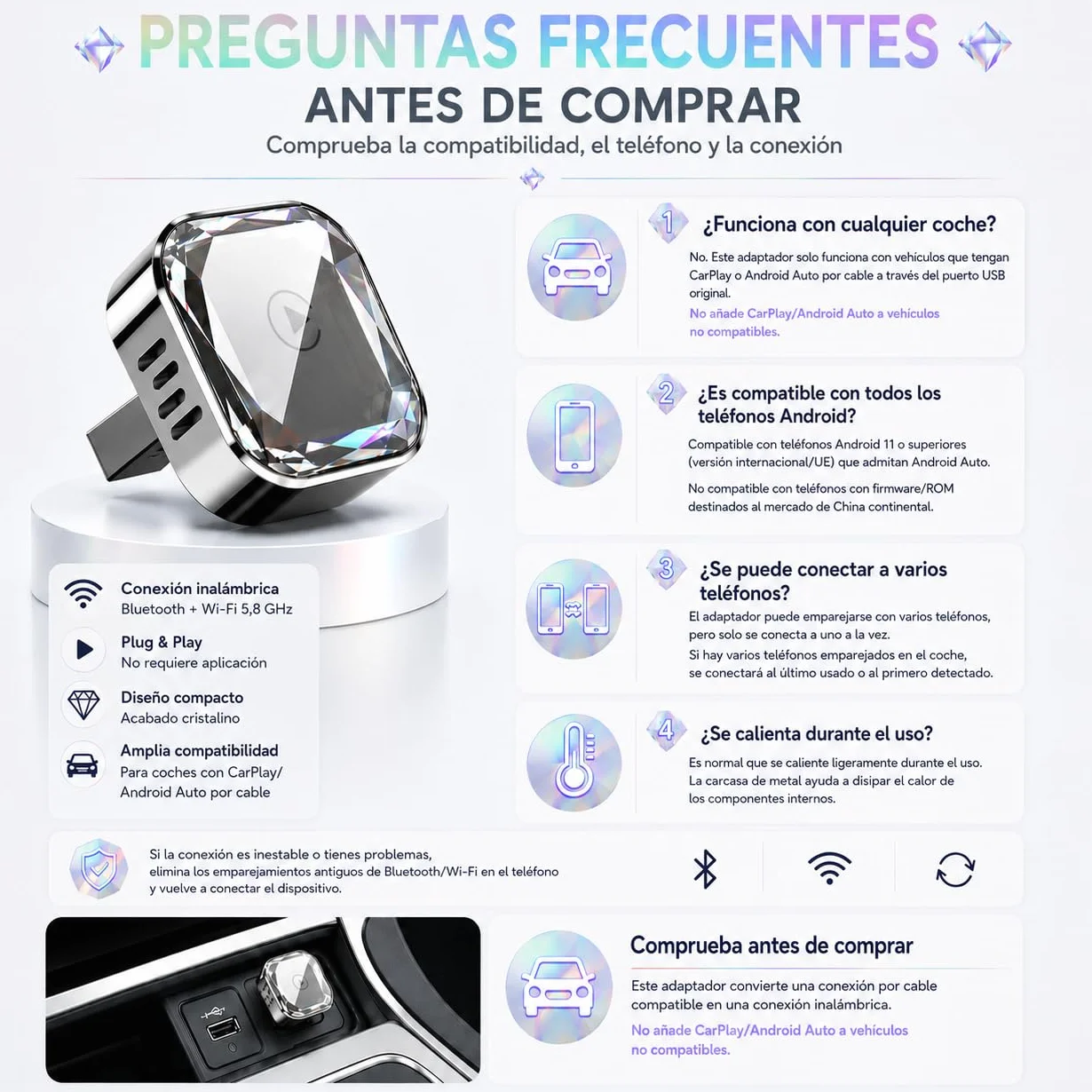 Adaptador CarPlay Inalámbrico 2 en 1 para Android Auto, Convierte Sistema con Cable a Inalámbrico, WiFi 5,8 GHz, Plug and Play, USB A y USB C, iOS 10 o Superior, Android 11 o Superior