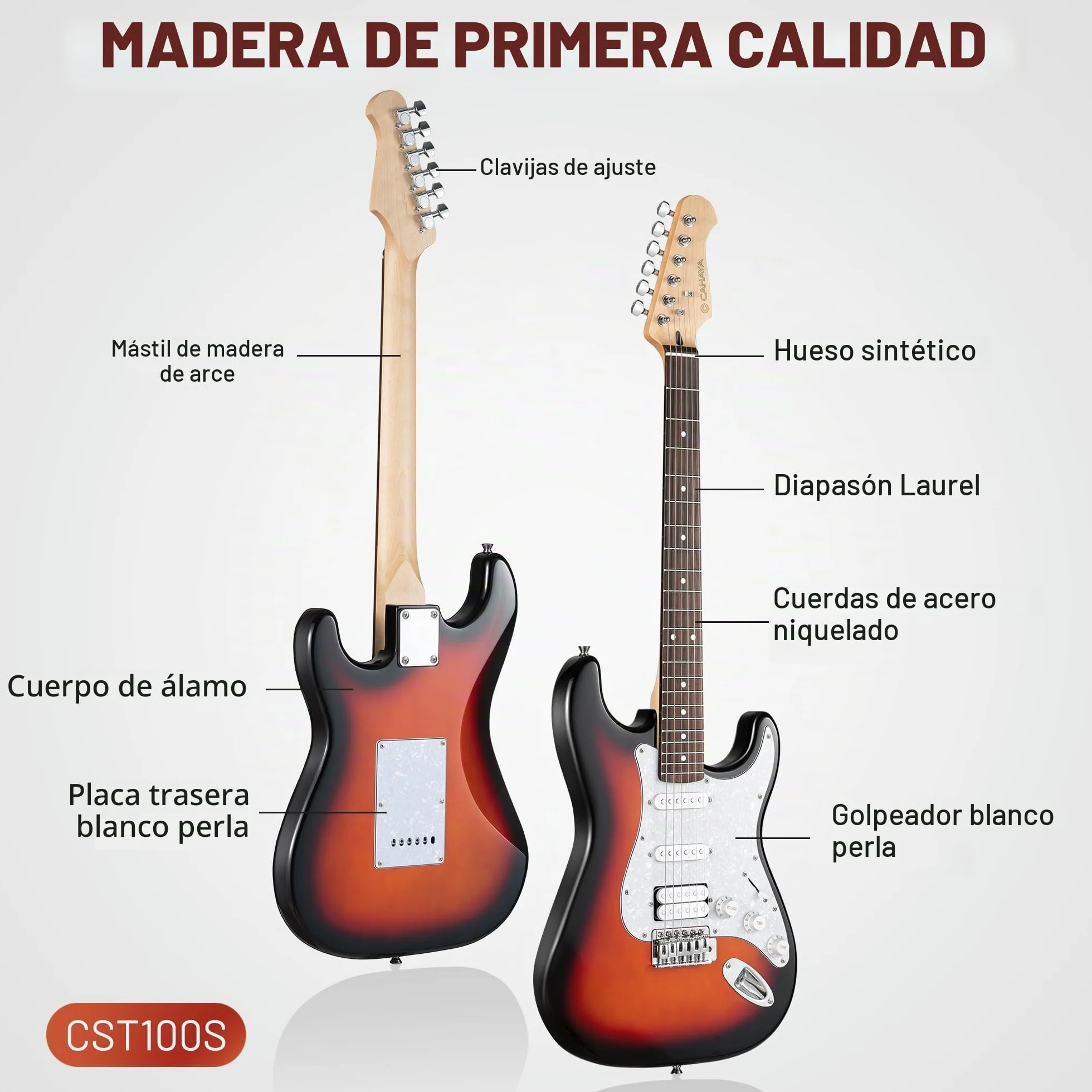 CAHAYA Kit de Guitarra Eléctrica Sunburst: CST100 con Pastillas S-S-H, Mástil de Arce, Cuerpo de Álamo, Diapasón de Laurel. Incluye Amplificador de 10W y Funda de 600D