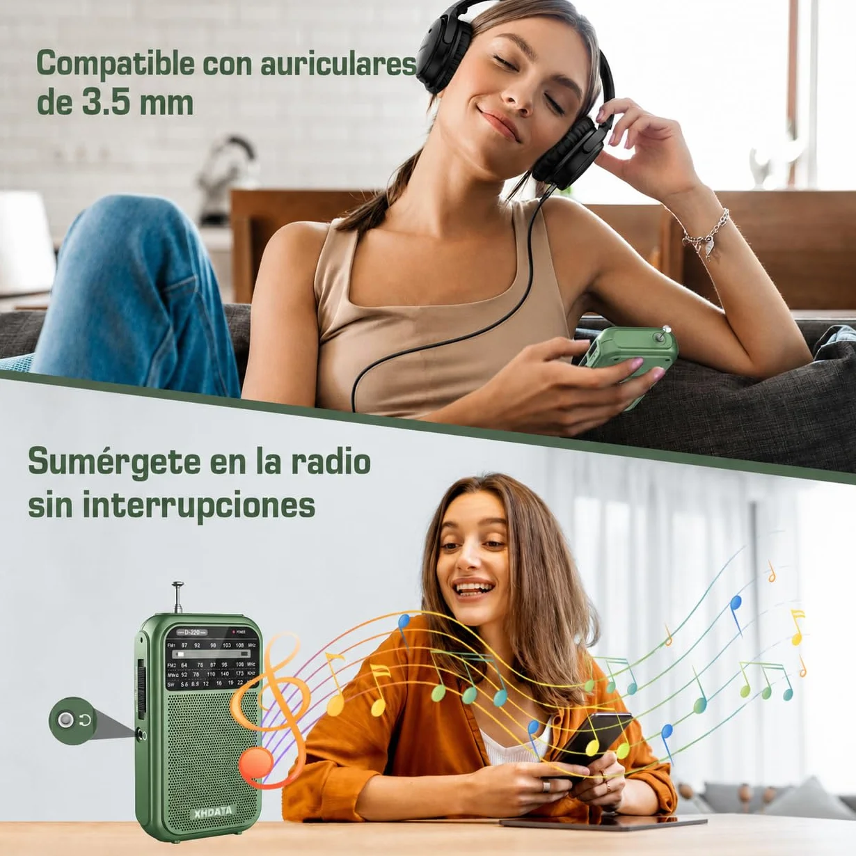 XHDATA D-220 Radio Portátil Pequeño FM AM SW Transistores Mini Radio de Bolsillo Verde