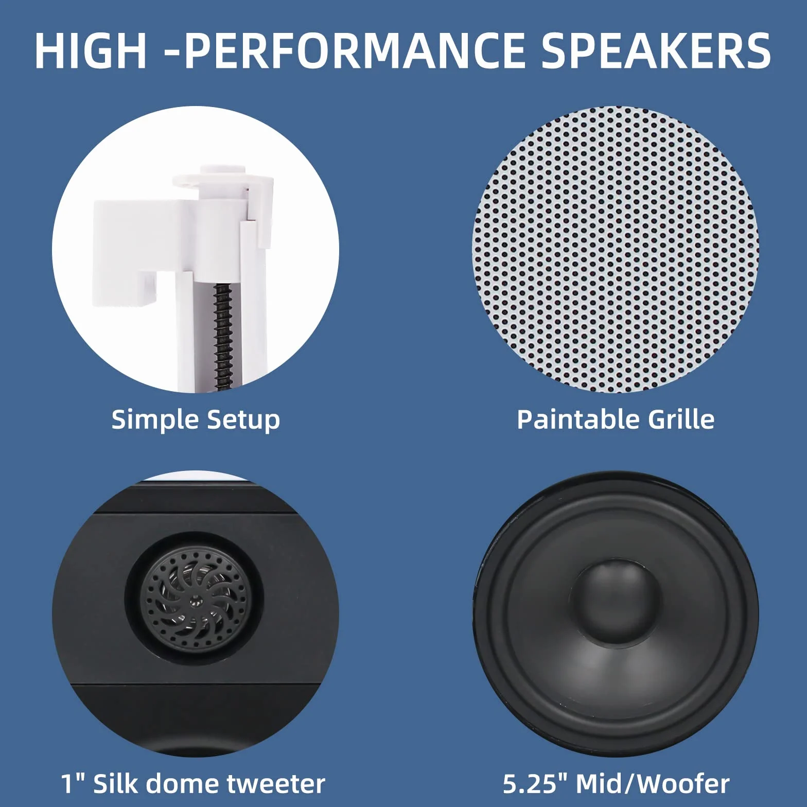 Herdio - Altavoces de Pared de 5,25 Pulgadas, 2 vías,Montaje en Pared y Techo en Interiores/Exteriores (2 Pares, Rejilla pintable)