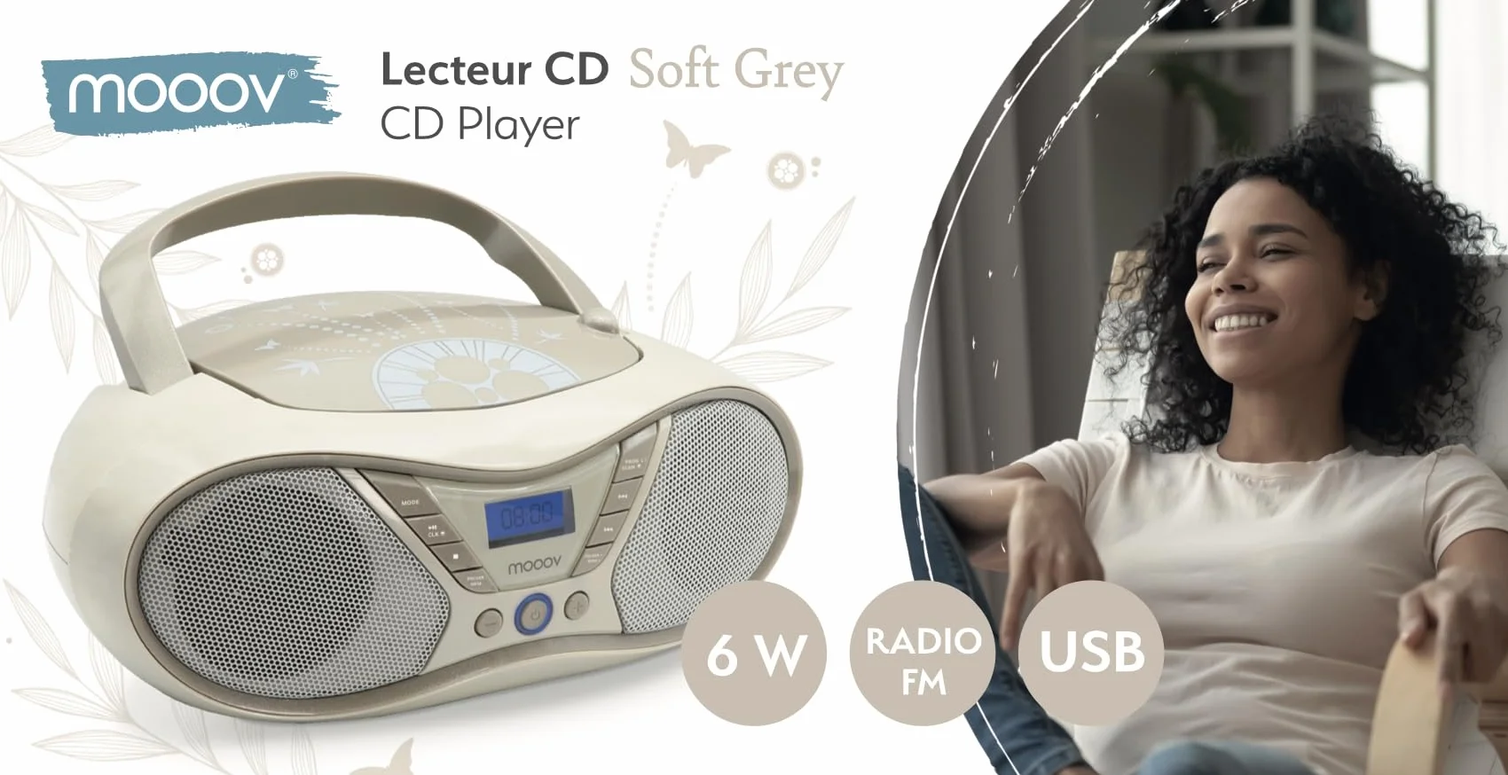 Mooov Reproductor CD Portátil Radio FM USB 6W CD-R CD-RW CD-MP3