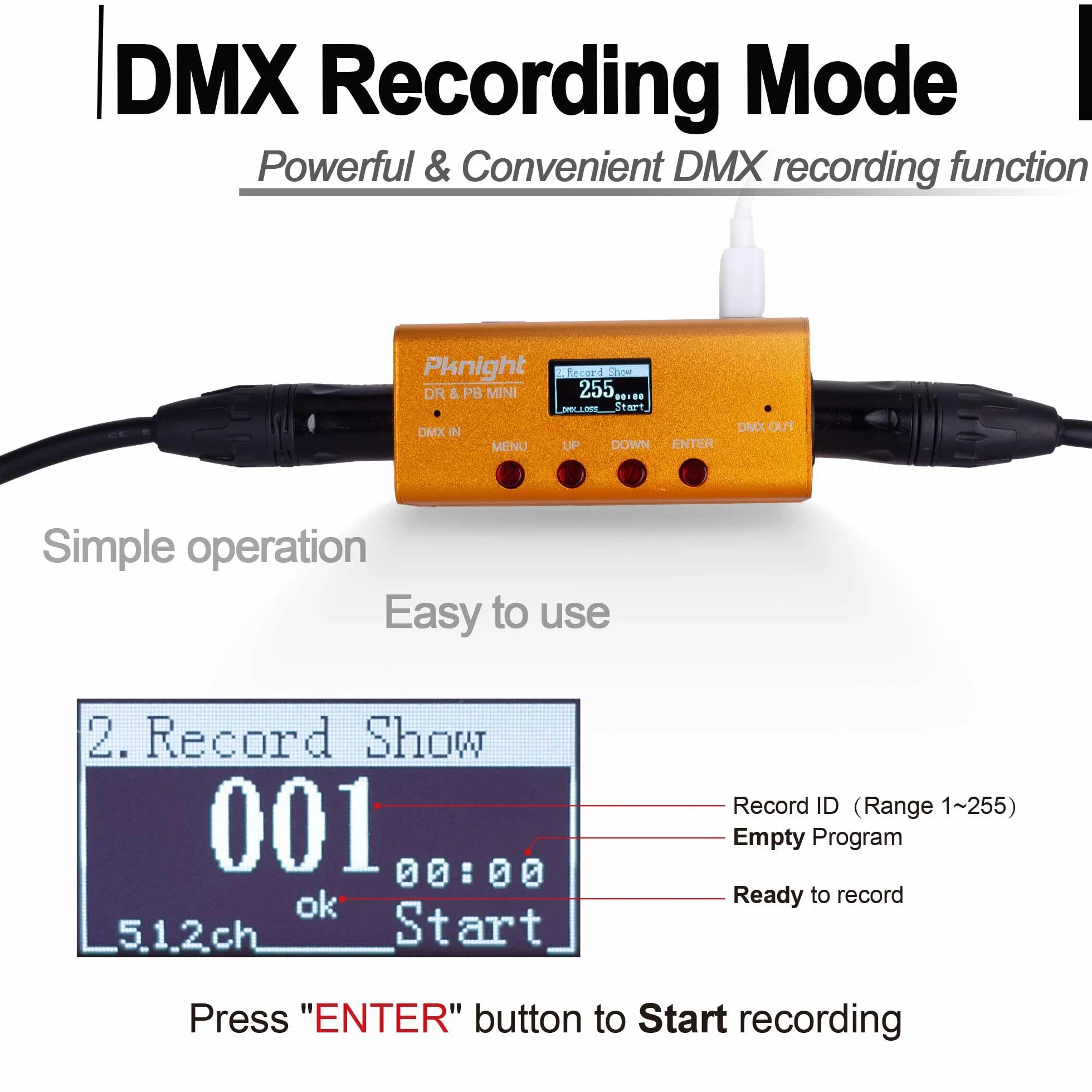 Pknight DMX-Recorder y controlador de reproducción 1 Universo DR & PB MINI (DR & PB MINI)