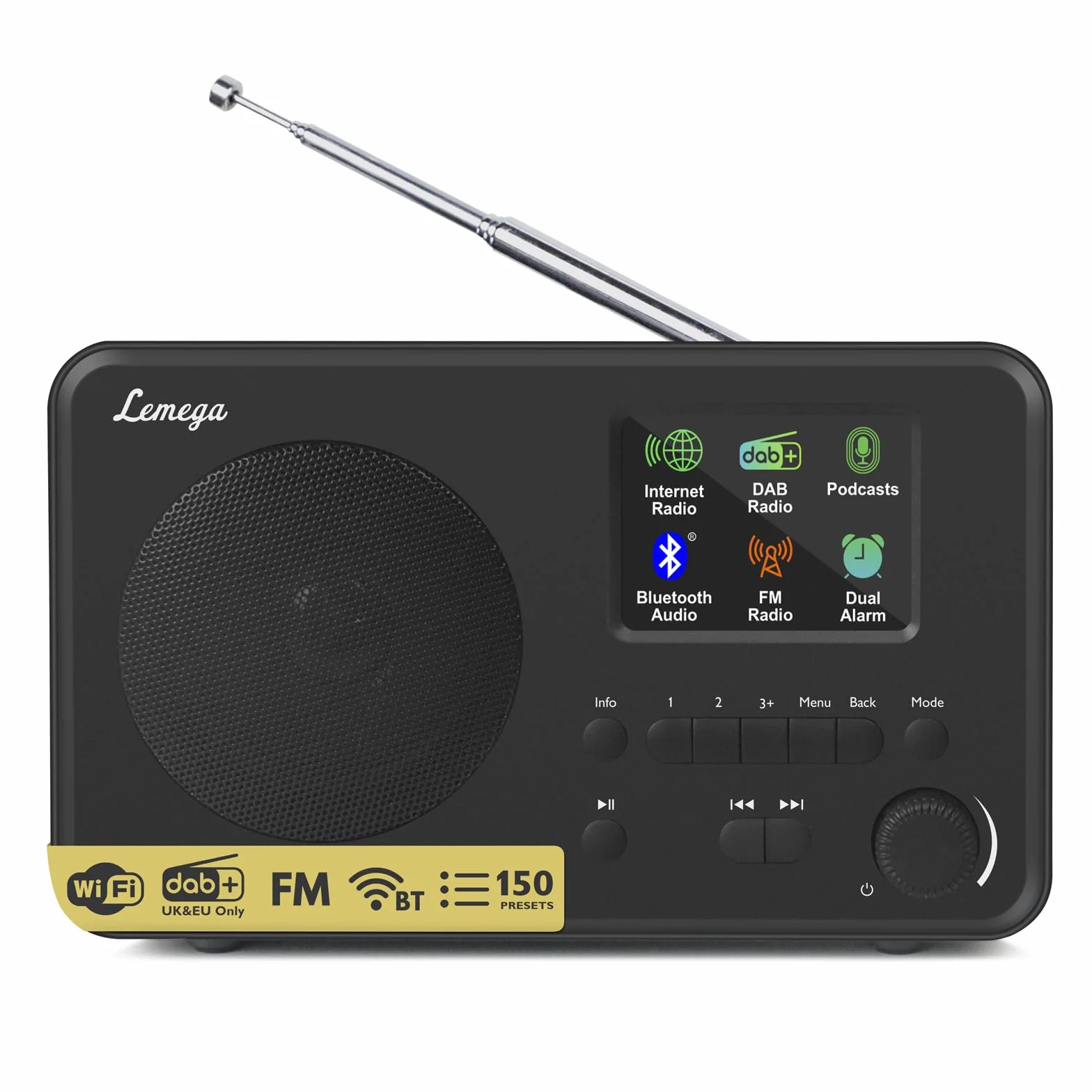 LEMEGA IR1S Radio por Internet con podcasts y Bluetooth - DAB/DAB+, radio FM, 150 preajustes, radio despertador, radio de cocina compacta con pantalla a todo color, alimentación por red o pilas AA
