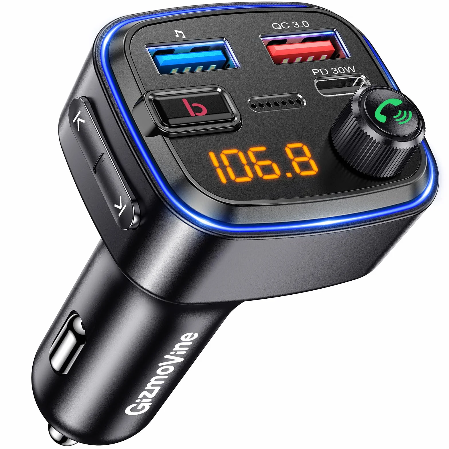 Gizmovine Transmisor FM Bluetooth Coche USB C PD 30W QC3.0 18W Manos Libres