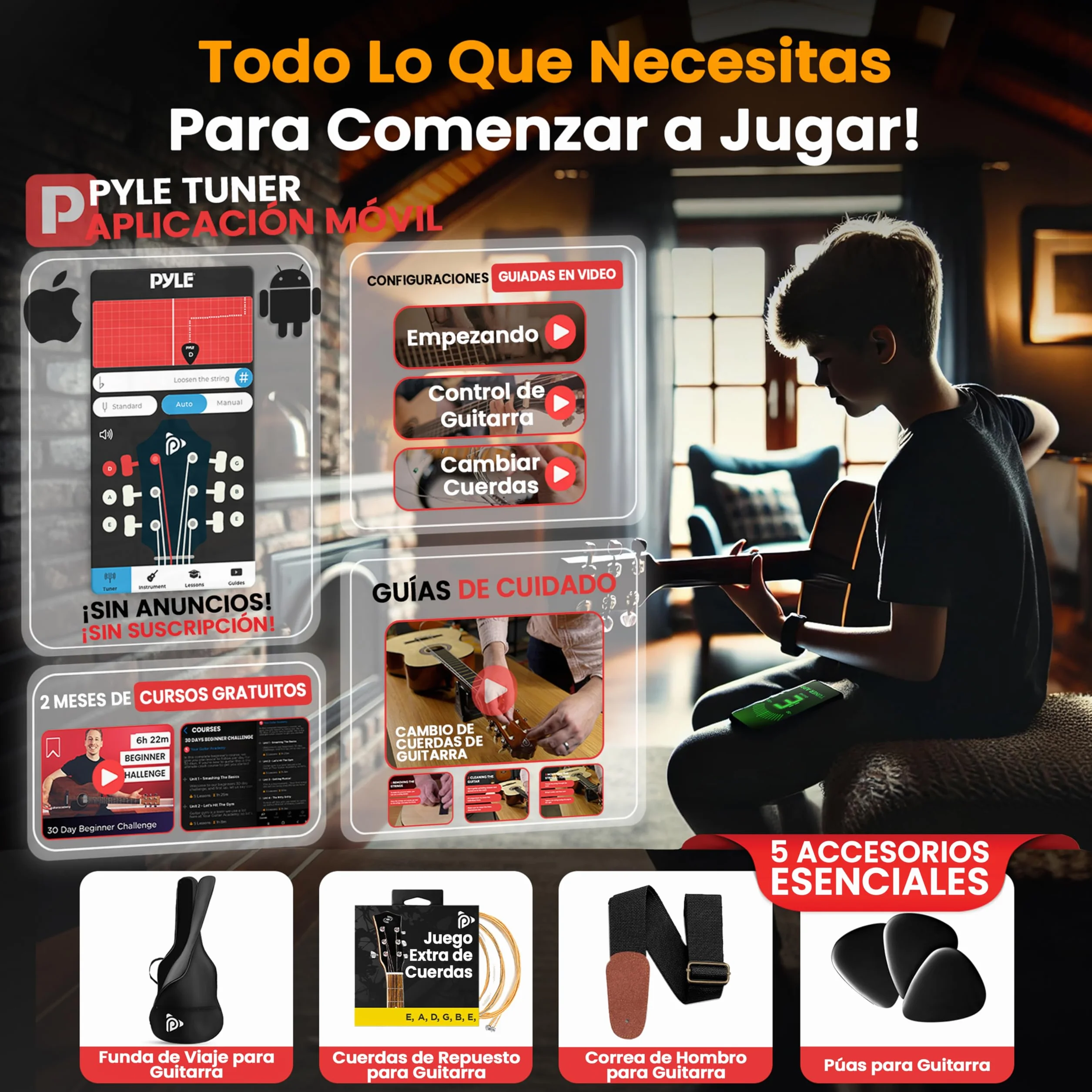 Pyle guitarra electrica, Resonador tradicional, 6 cuerdas, Preamplificador incorporado, Accesorios
