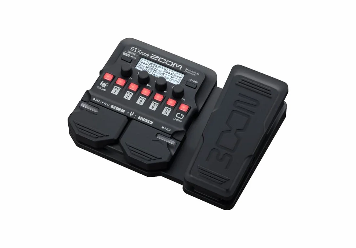Zoom G1X FOUR Pedal multiefecto para guitarra con pedal de expresión, con 70+ efectos, modelado de amplificadores, looper, caja de ritmos, afinador, alimentado por pilas
