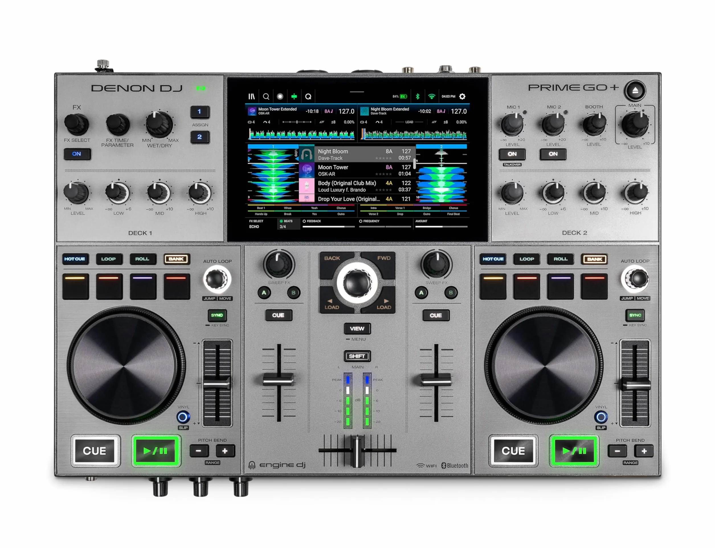 Denon DJ PRIME GO+ Controlador DJ Portátil Autónomo con Bateria Recargable, Pantalla de 7", Mezclador con Separación de Stems, Streaming por Wifi y Bluetooth