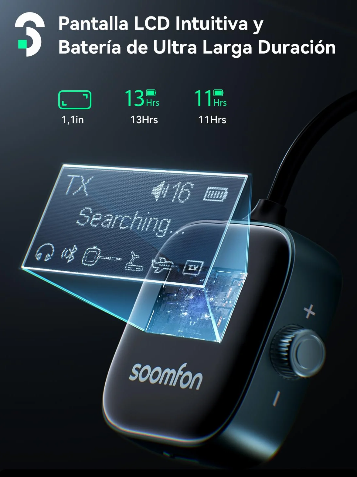 SOOMFON Transmisor Receptor Bluetooth 5.3, 2 en 1 Adaptador Bluetooth Jack 3.5 Baja Latencia & HD, Esmisor Audio Doble Conexión con Pantalla LCD, Receptor para TV/Avión/Coche/Auriculares/Altavoces