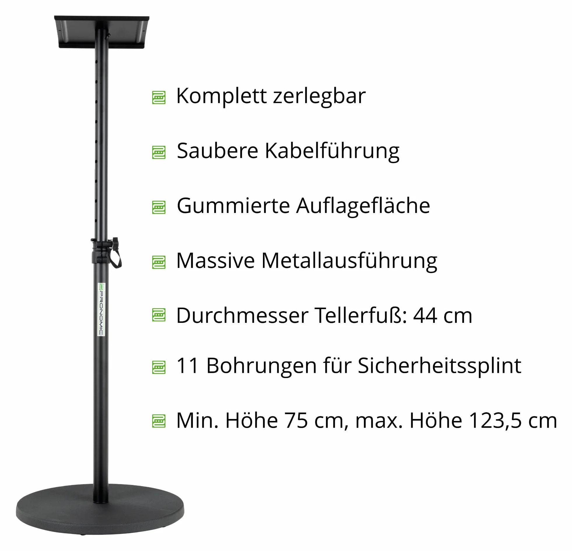 Pronomic SLS-128 BK Soporte para Monitor de Estudio Par - 2 Soportes Ajustables (75-123.5 cm) con Base Redonda Estable y Superficie de Apoyo 23x23 cm para Altavoces de Estudio.